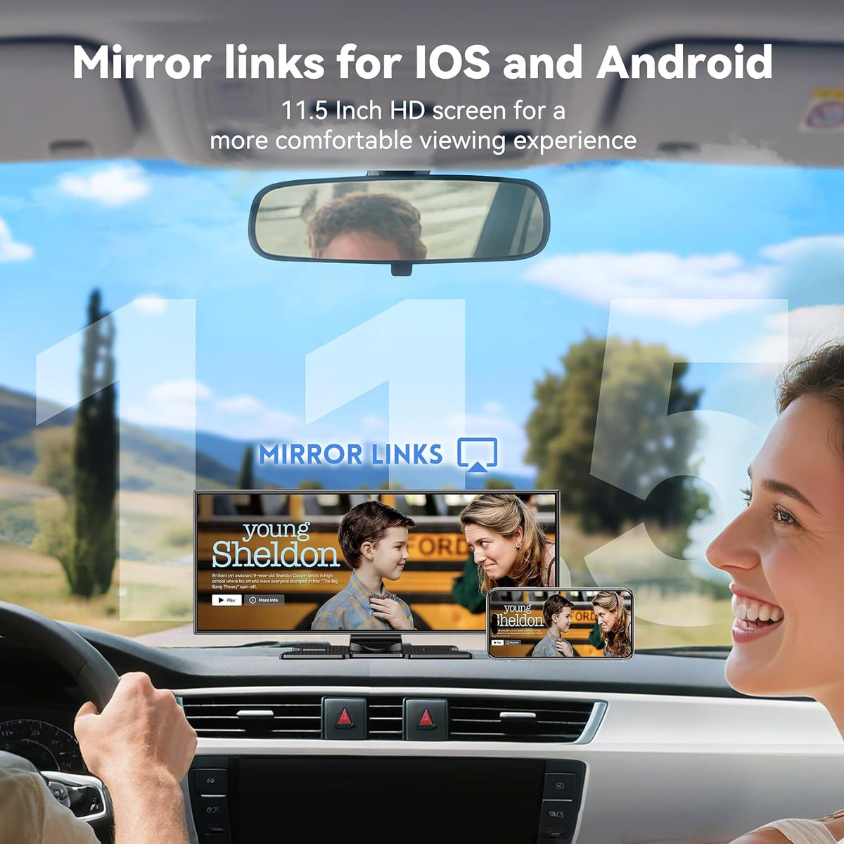 11.5" Extra Large Wireless Apple CarPlay Screen for Car, 4K Portable Car Play Screen & Android Auto HD Touch Screen, Dash Cam Front and Rear, App Control, Mirror Link, Voice Control
