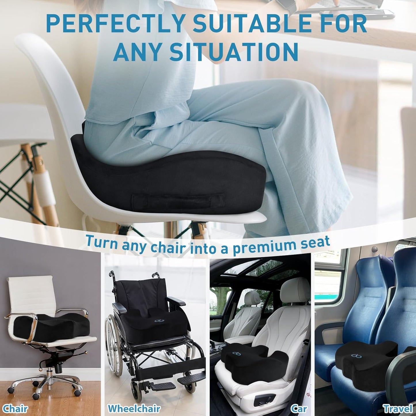 BlissTrends Extra Thick Seat Cushion for Office Chair & Car Seat, Black | Tailbone & Sciatica Relief, Ergonomic Support, High-Density Memory Foam, Comfort for Extended Sitting