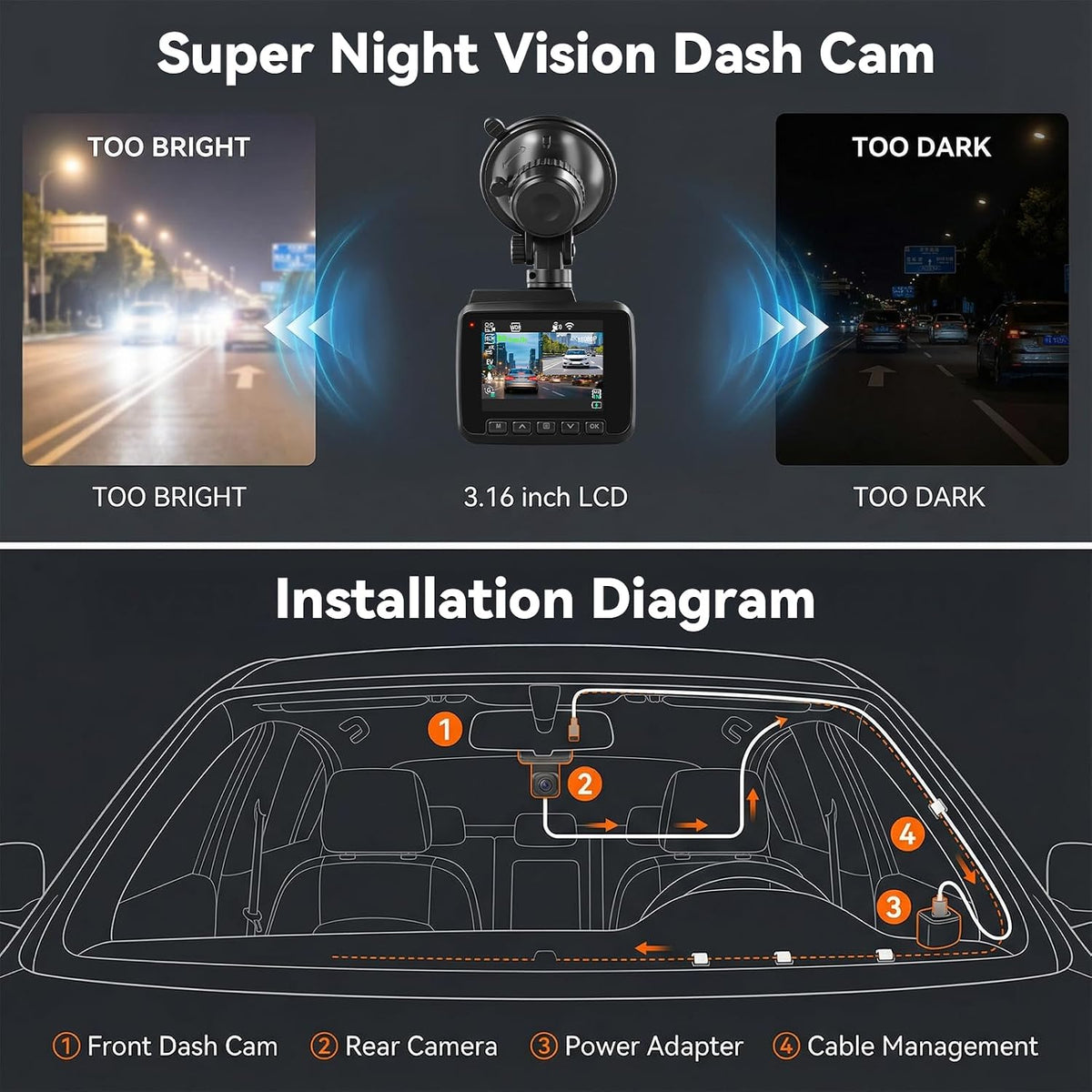 4K Dash Cam Front and Rear,WiFi with App Dash Camera for Cars Built-in GPS Night Vision Wide Angle 2.4" IPS Screen, Loop Recording, 24H Parking Monitor