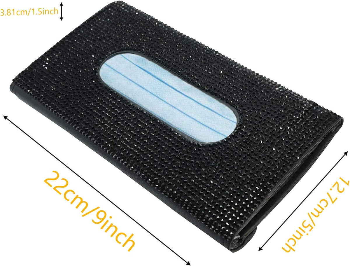 Unifizz Car Tissue Holder Sparkling Bling Car Visor Tissue Holder Mask Holder Tissue Box PU Leather Crystals Tissue Case Car Backseat Tissue Dispenser Bling Car Accessories for Women (Black)