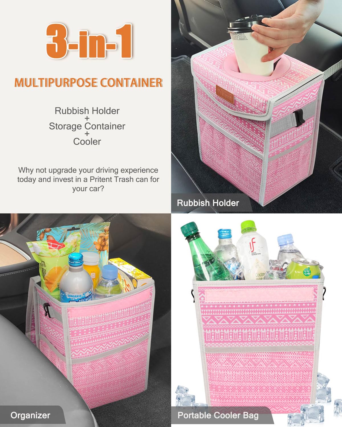 Pritent Car Trash Can with Lid Leakproof Car Garbage Bag Vehicle Trash Bin