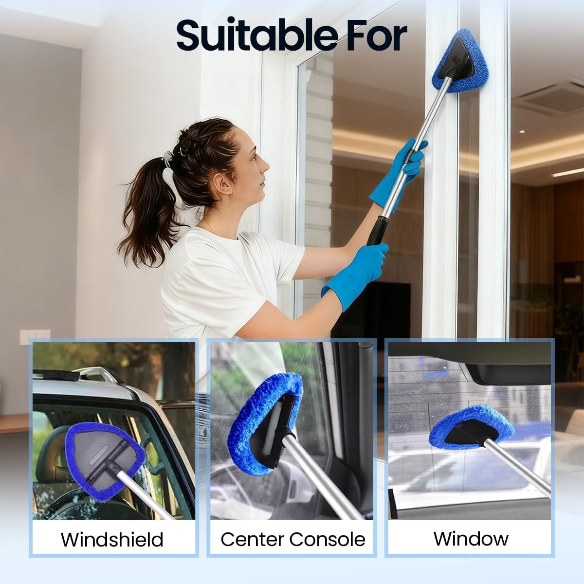 Windshield Cleaner Tool, 180 Degree Rotatable Inside Windshield Cleaning Set, Longer Extendable Windshields Cleaning Tool, Interior Exterior Window Cleaner Tool for Car, 4 Pads 2 Bottles (1, Blue)