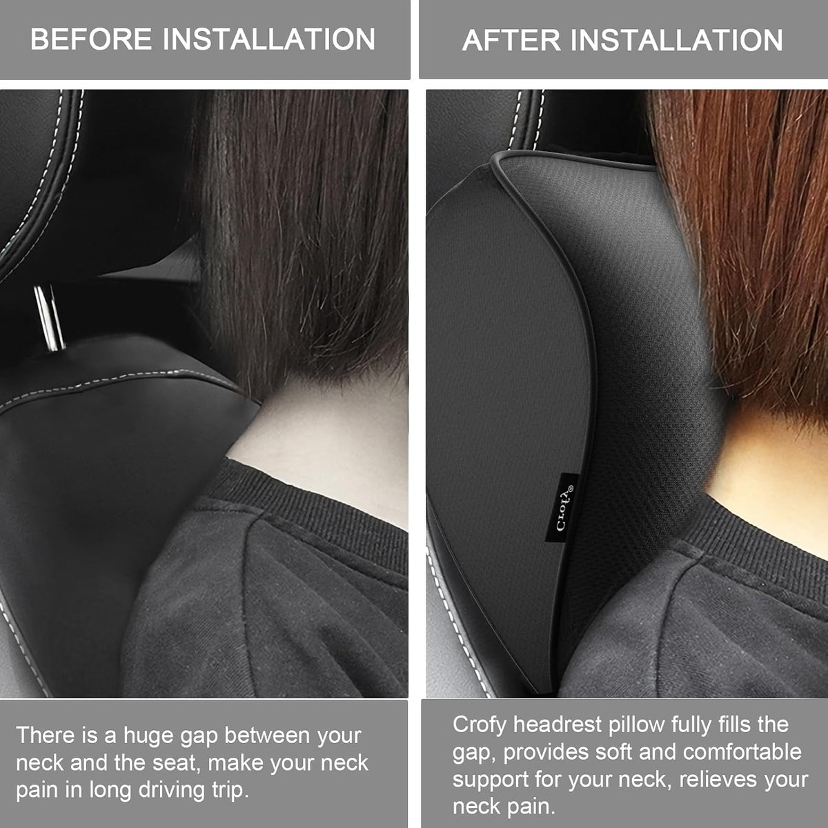 Crofy 2-Pack Car Neck Pillow, Headrest Pillow with Adjustable Strap, Black | Soft Memory Foam; Ergonomic Design Fits Most Car & Office Chairs; Breathable Removable Pillow Cover Is Machine Washable