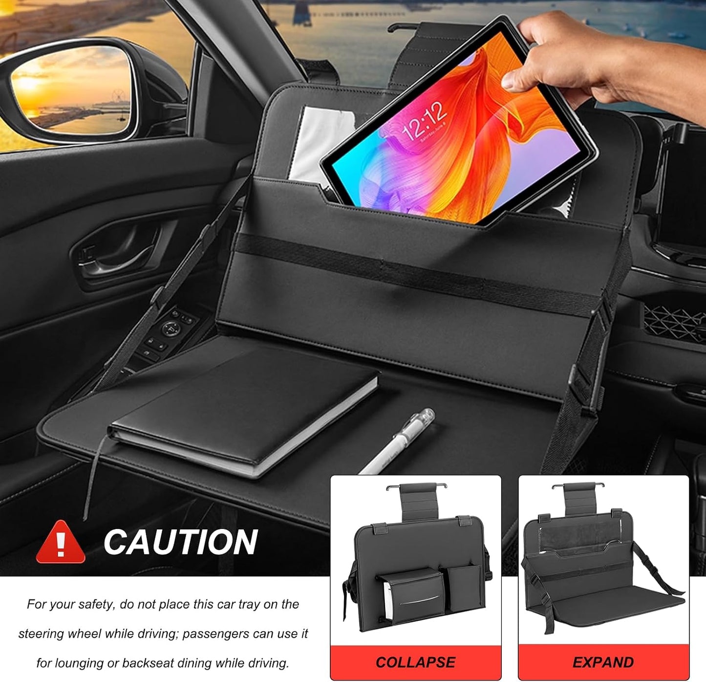Car Steering Wheel Tray, Foldable Car Laptop Desk Eating Food Tray with Transparent Holder & Tissue Box, Adjustable Back Seat Headrest Table for in-Car Dining Working Studying (Beige)
