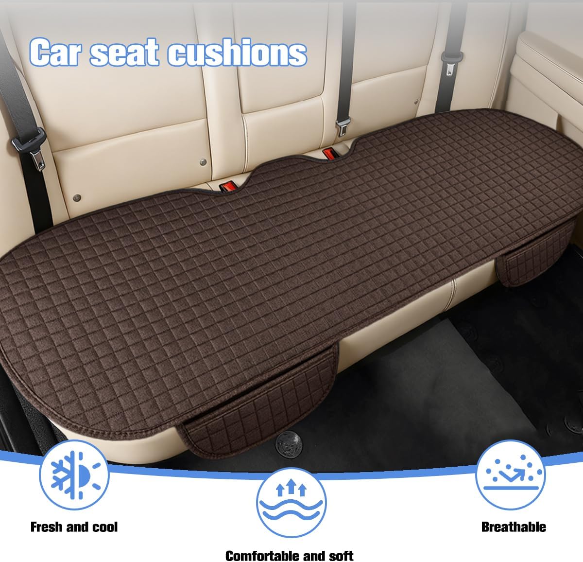 Car Back Seat Cover, Linen Breathable Vehicle Rear Bottom Bench Seat Protector with Storage Pocket, Anti-Slip Comfortable Long Automotive Rear Chair Cover, Universal for Vehicles (Coffee)