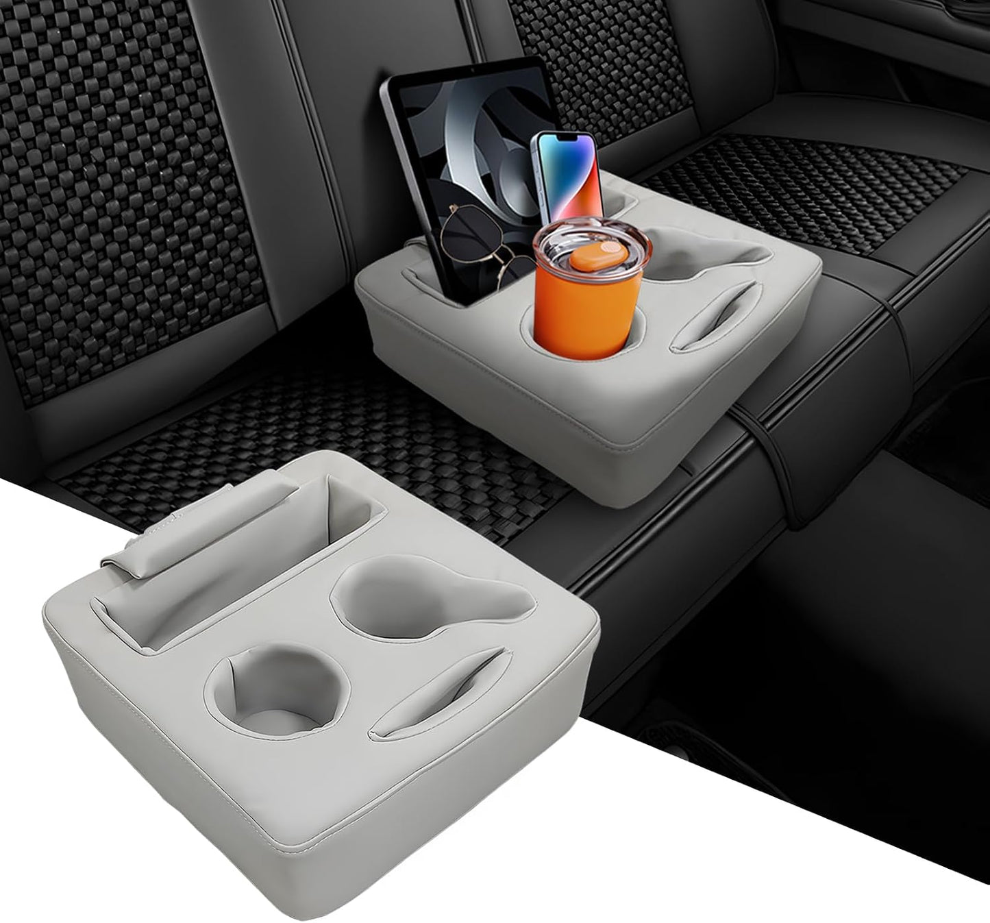 Sun Walker Back Seat Cup Holder for Car, Waterproof Rear Seat Organizer Expander Tray to Store Phone Drink Snack, Universal Leather Cup Holder Pillow for Truck RV Boat Sofa Bed (Black)