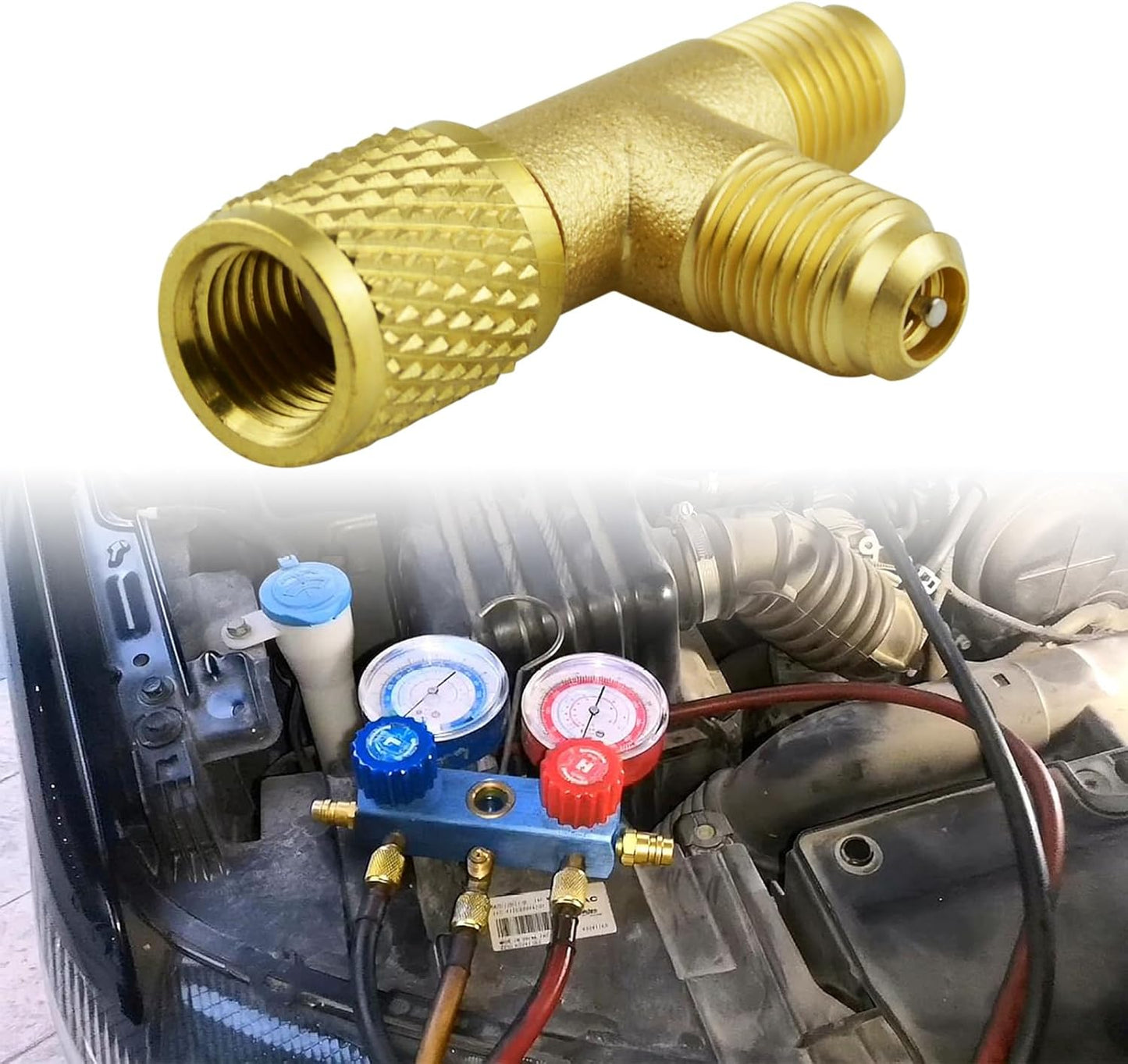 2Pcs Quick Coupler Access Tee, 1/4'' SAE Valves Core Tee Adapter Brass Refrigerant with Swivel Connector, Air Conditioning Line Repair Tools fit for R22 R12 R134 Gauge Deep Vacuum Pump Manifold