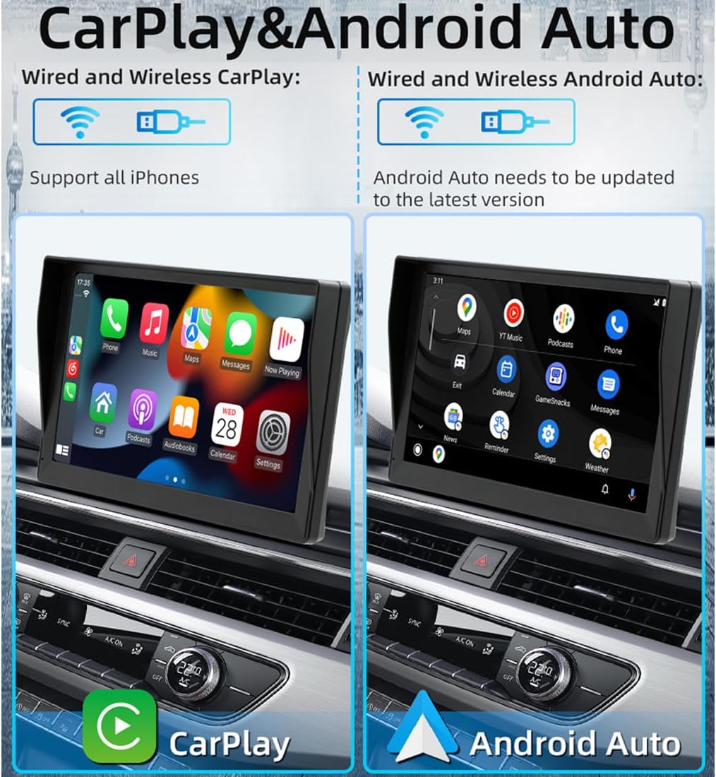 Portable Wireless Apple CarPlay and Android Auto Car Radio Stereo with Sunshade, 9 inch Touchscreen Monitor Bluetooth Car Stereo with DVR, Mirror Link/FM/AUX Transmitter for 12V-24V Vehicle
