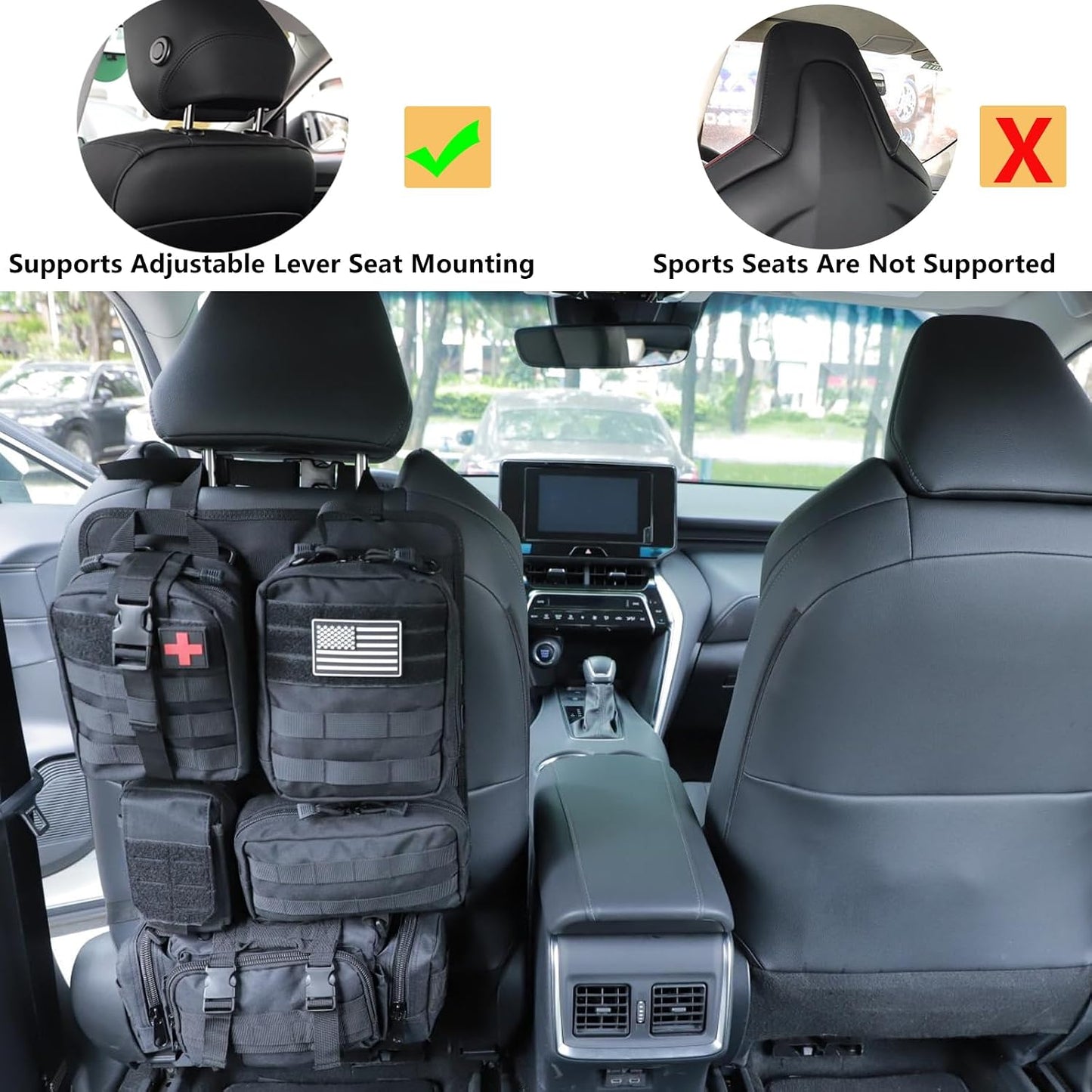 Jimikay Tactical Car Seat Back Organizer Hanger Bag with 5 Detachable Molle Pouch Vehicle Molle Panel Organizer Storage Bag Universal for for most car models (Black)