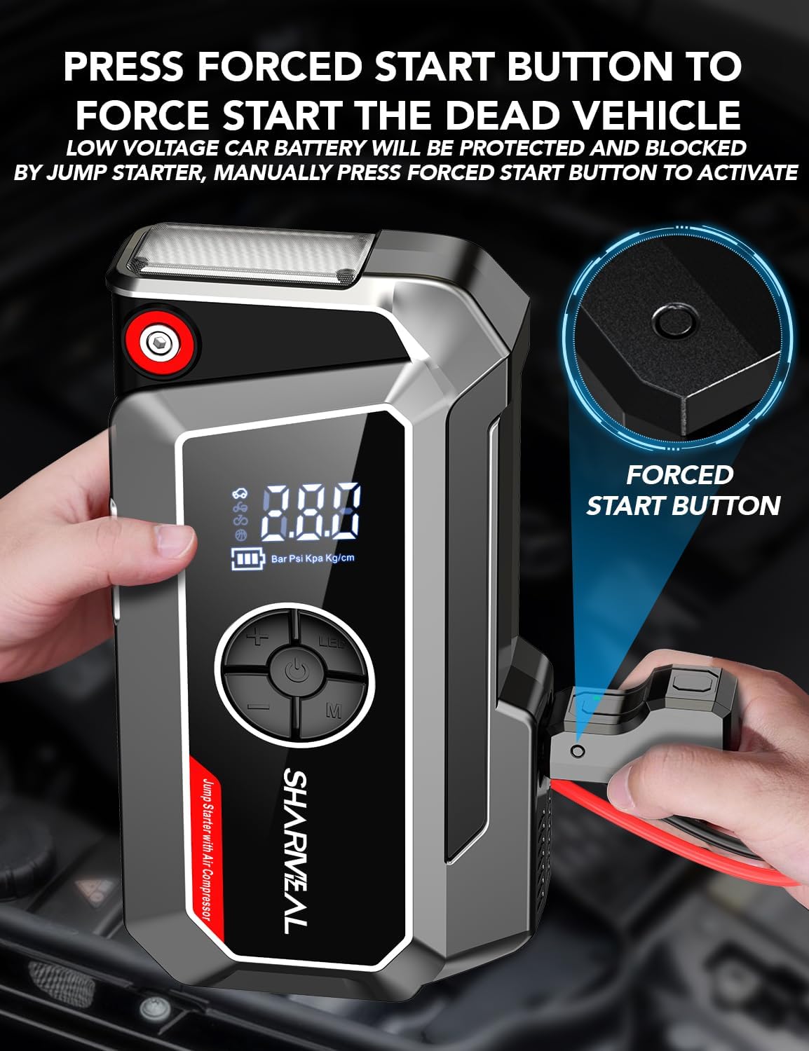 Sharmeal Jump Starter with Air Compressor, 7000A Car Battery Jump Starter (All Gas /12.0L Diesel), 200PSI Jump Starter Power Pack Portable 12V Jump Box with Jumper Cables, LED Light