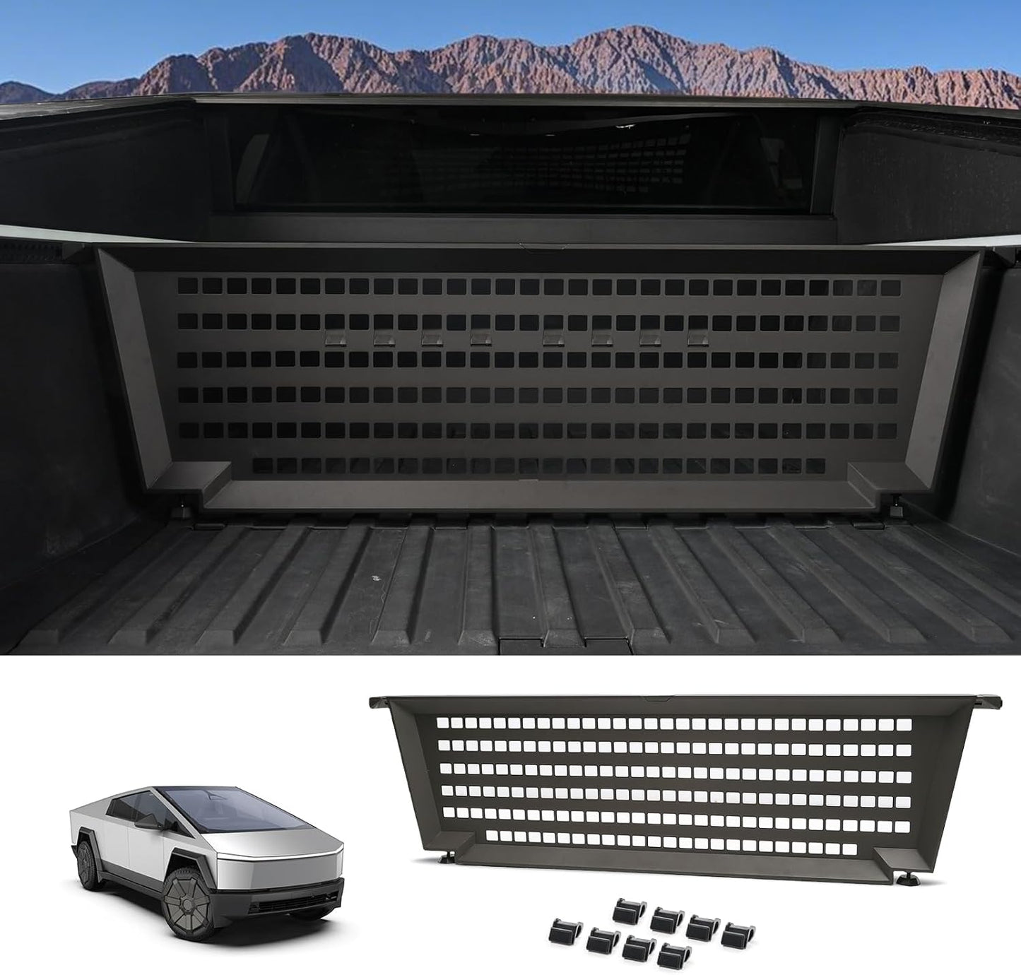 Truck Bed Divider Compatible with 2024 2025 Tesla Cybertruck, Rear Trunk Cargo Aluminum Organizer Carbon Steel Molle Panel with 8 Removable Hooks, No Drill Installation & Adjustable Partitions