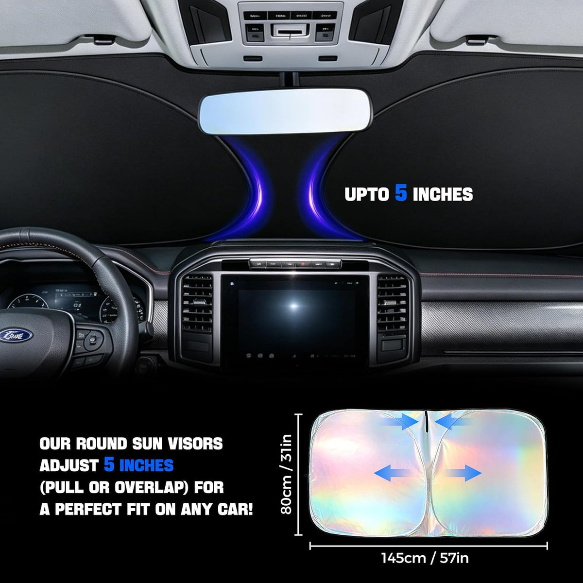Night Glow Eyes Car Windshield Shade, 230T Holographic Foil, Adjustable Size
