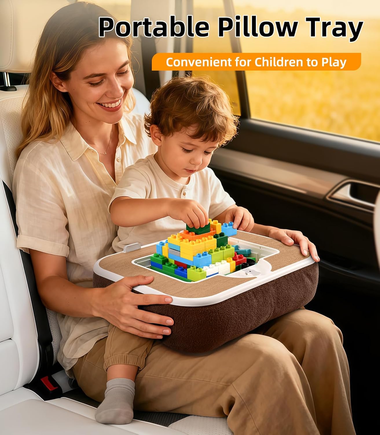 Car Seat Tray Pillow Stand, Laptop Lap Desk with Mouse Pad, Portable Food Tray with Tablet/Kindle Mount Holder, Front/Rear Seat Table for Office/Eating/Reading, Travel Essentials Accessories