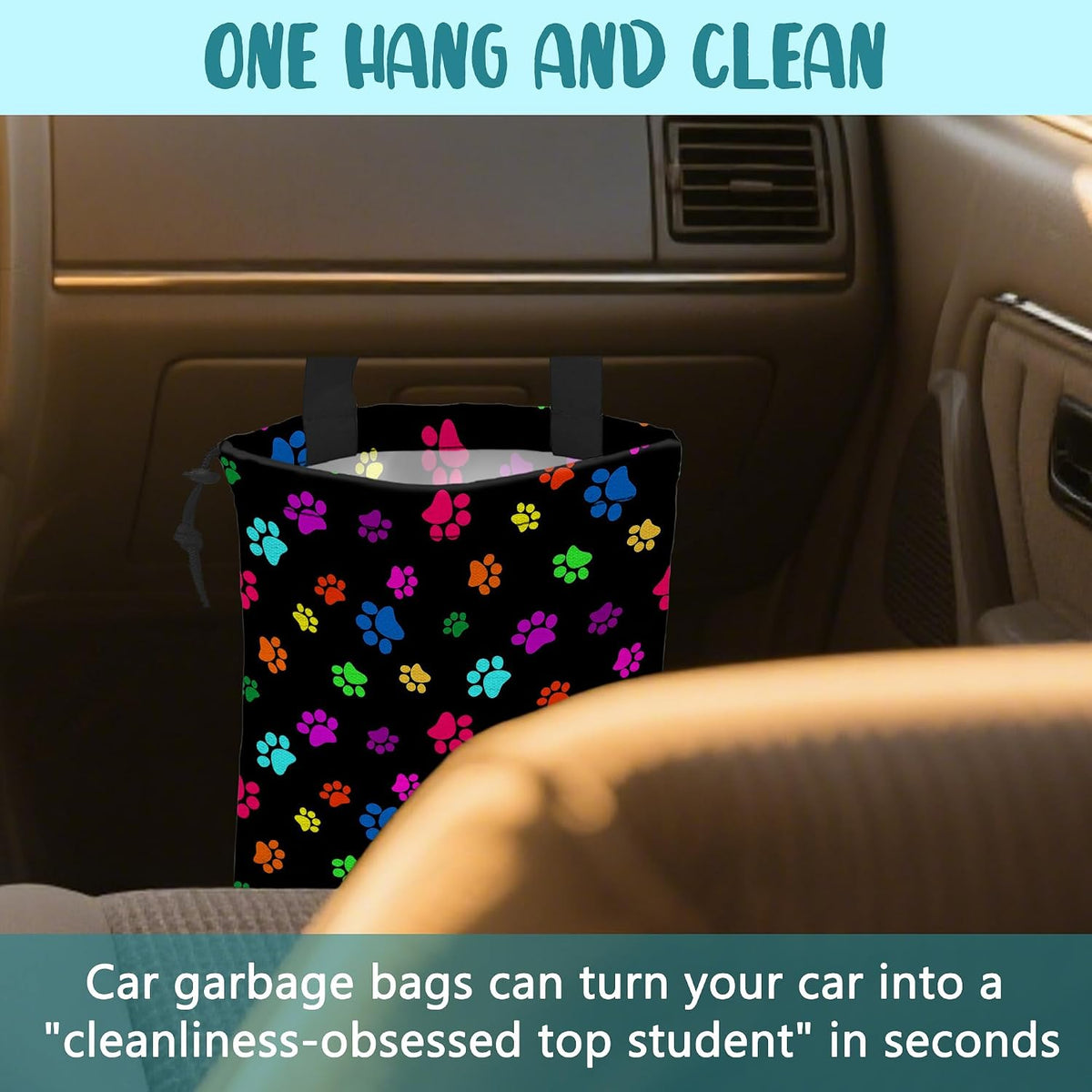 Car Garbage Bag Colorful Paw Prints Hanging Canvas Car Trash Bag Waterproof Drawstring Car Back Seat Organizer for Car Back Front Seat Console with Adjustable Buckle