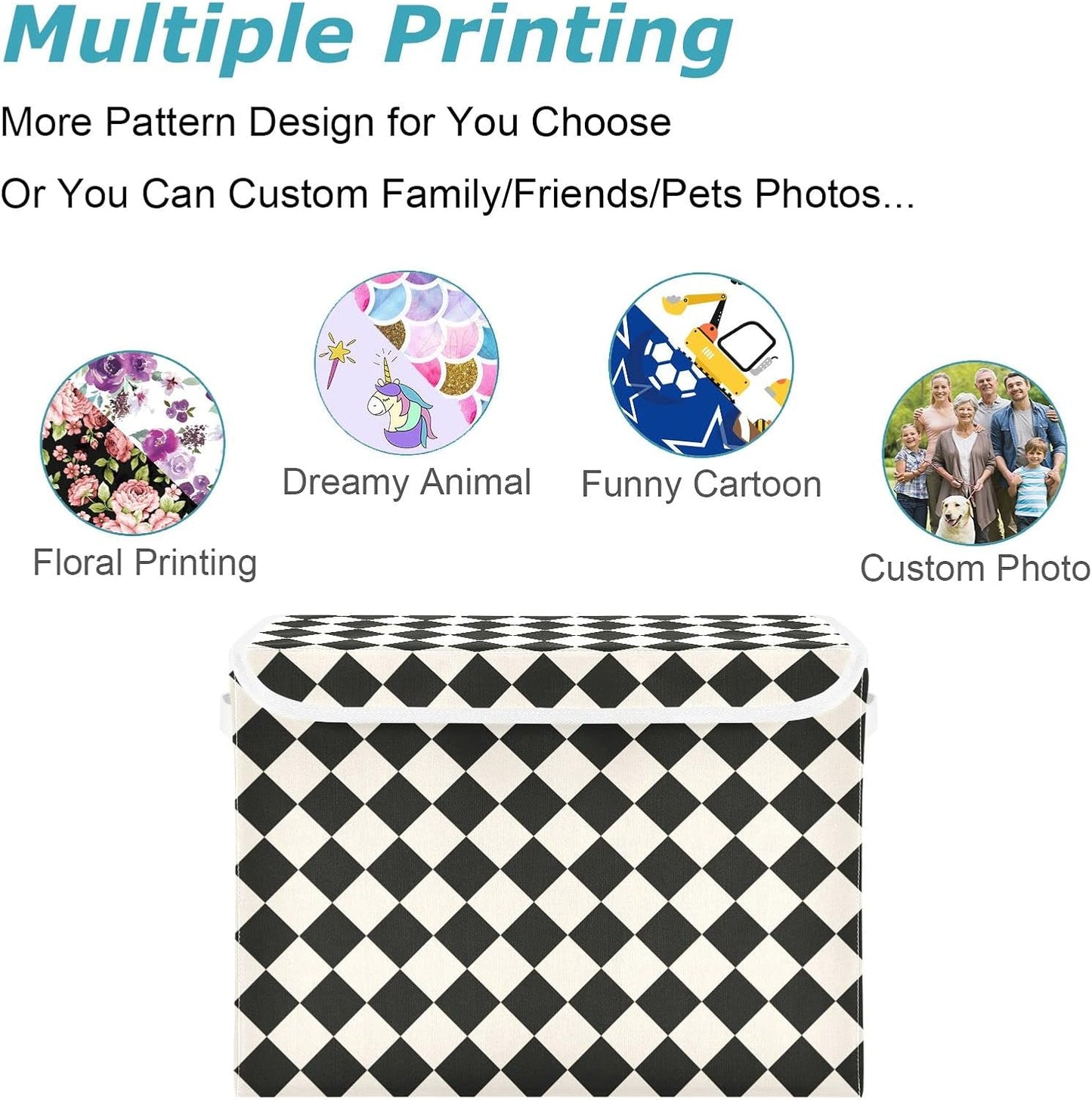 CaTaKu Large Fabric Storage Bins With Lids,Black and White Checkered Storage Boxes With Handles for Organizing Clothes, Collapsible Storage Cube Bins Baskets for Shelves