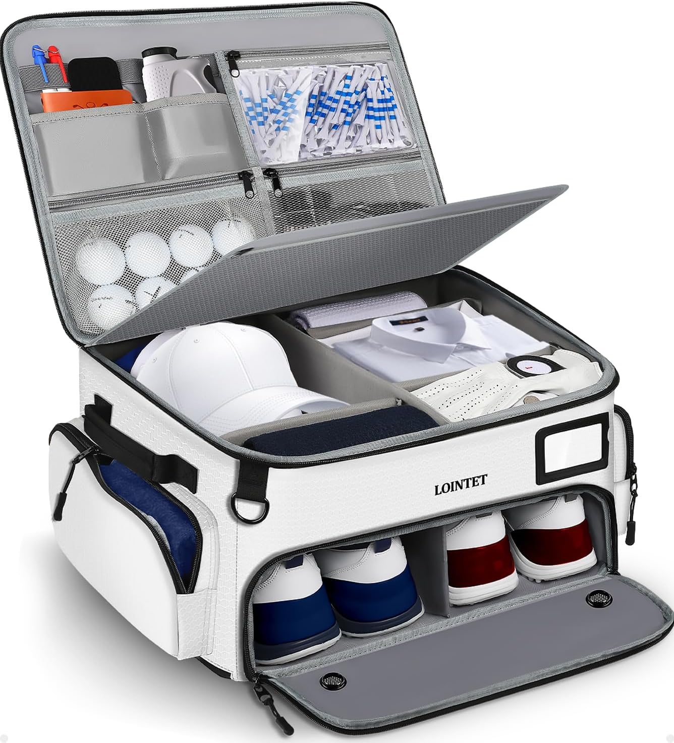 LOINTET Golf Trunk Organizer, Waterproof Car Golf Locker with Separate Ventilated Compartment for 2 Pair Shoes, Golf Storage for Balls, Tees, Cap, Clothes, Gloves, Accessories, Gifts for Men, Women