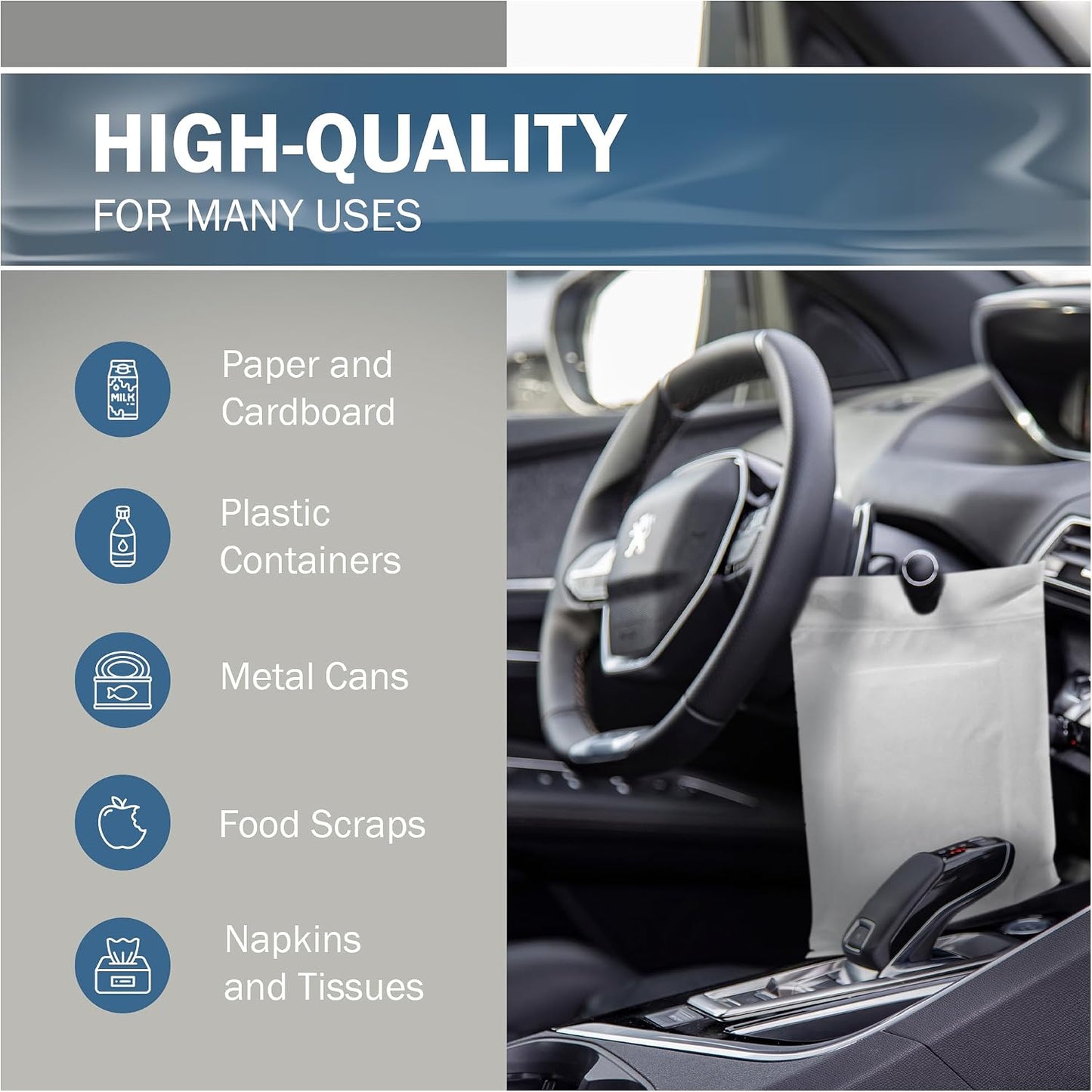 12x15 White Disposable Car Trash Bags, Leak-proof, Medium Size, 50 Pack, 2 Mil Thick, with Die-Cut Handles by PPB