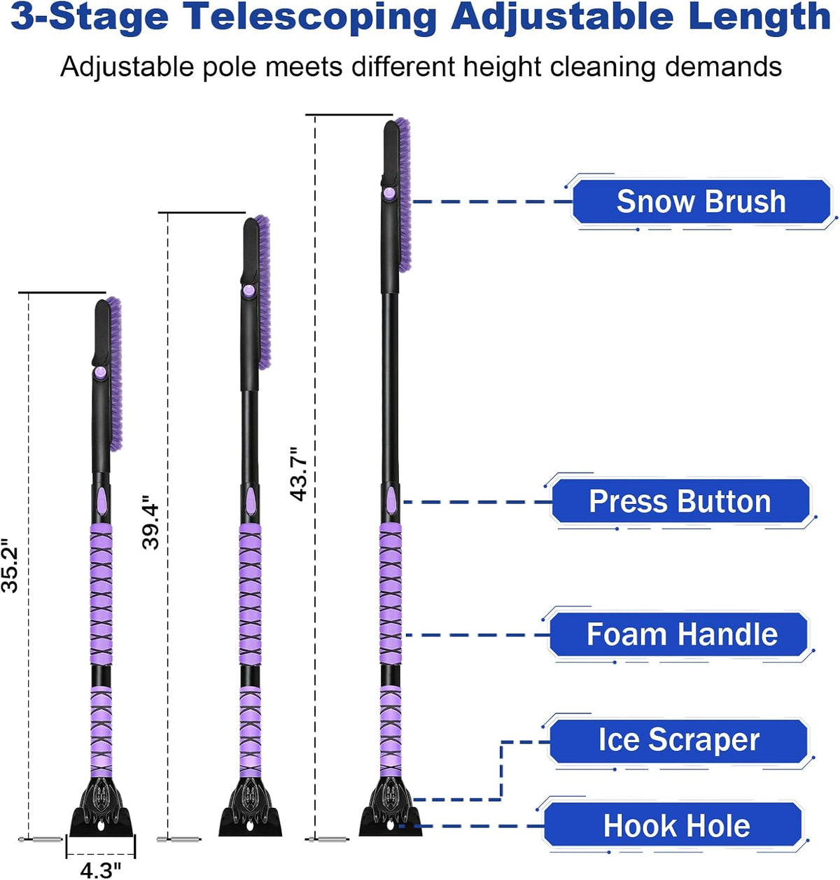44 Inch Snow Brush with Ice Scraper for Car Windshield, Light Purple