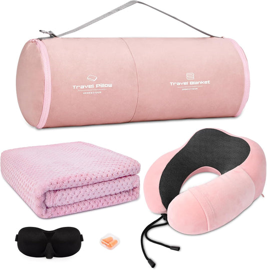urnexttour Travel Pillow and Blanket Set Neck Pillows Soft Blankets with Sleep Mask Travel Essentials for Airplane Car Memory Foam Pink