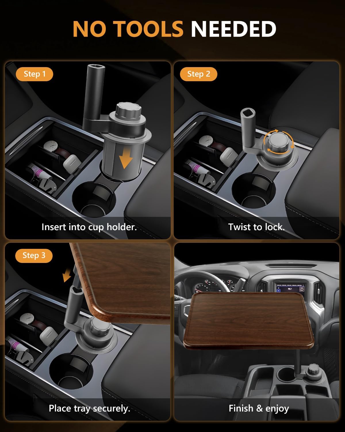 Car Desk for Laptop, 360° Rotation Cup Holder Table, Car Table & Car Food Tray for Tesla Model Y/3, F-150/Ram 1500/GMC Sierra 1500 & Most Vehicles, Car Accessories for Women & Men(Long Pole)