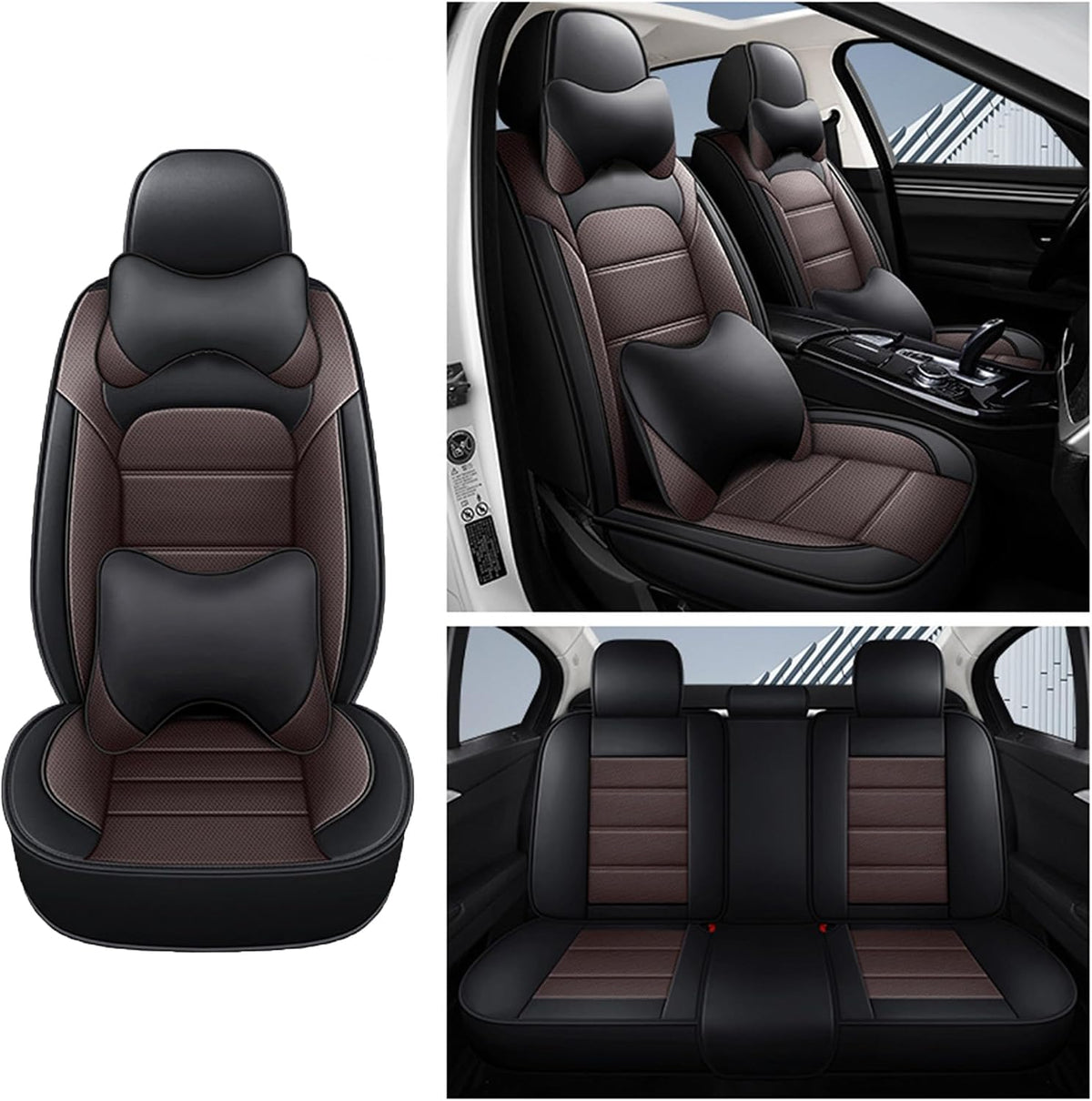 YQ FU Leather Seat Covers Black Brown Full Set w/ 2 Pillows Universal 2 Row