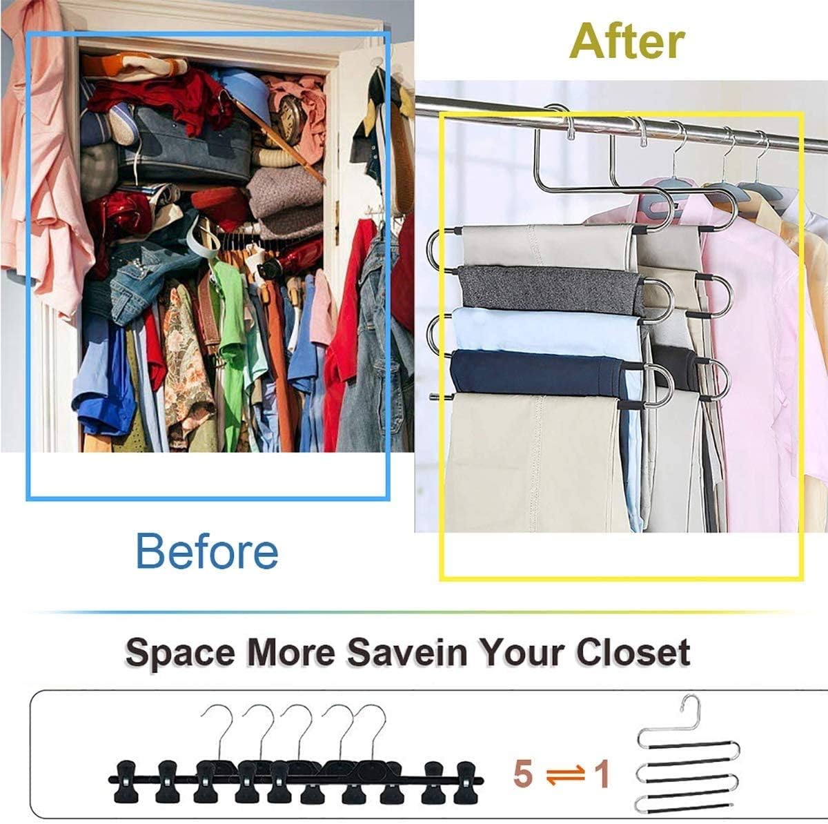 devesanter Hangers Space Save Non-Slip 6 Pack S-Shape Clothes Hangers Stainless Steel Closet Storage Organizer for Pants Jeans Scarf Trousers Hanging Black