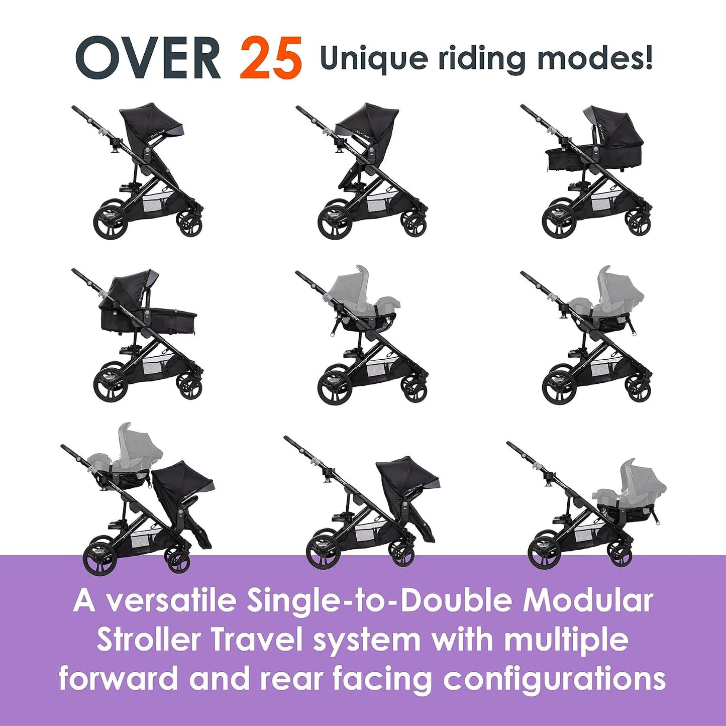 Baby Trend Single to Double Stroller & EZ-Lift Plus Infant Car Seat Combo, Dash Black - Lightweight and Compact Travel System Tandem for Babies, Infants, and Toddlers