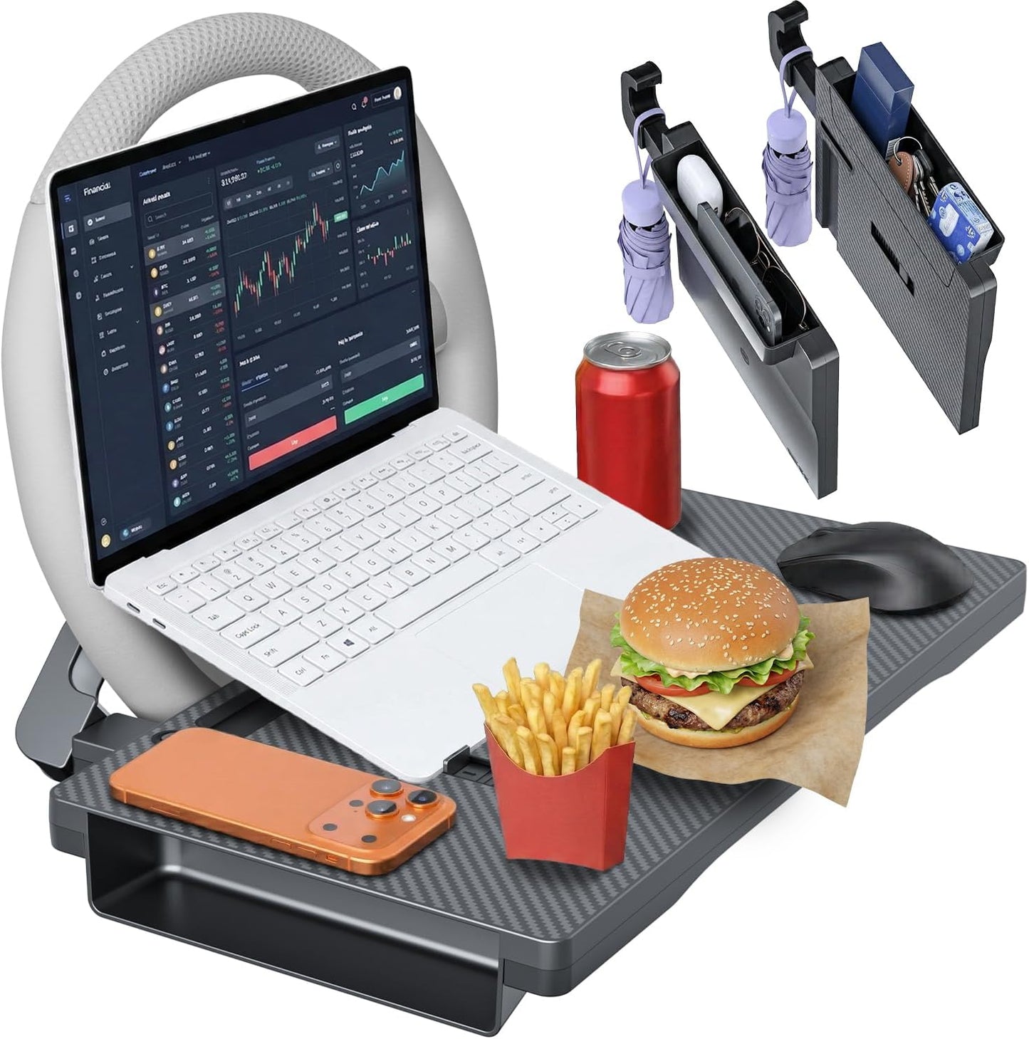 3 in 1 Car Steering Wheel Desk Tray &amp; Car Seat Gap Filler &amp; Organizer, Foldable Carbon Fiber Look Adjustable Car Tray, for Laptops, Eating Food, Writing, Entertainment