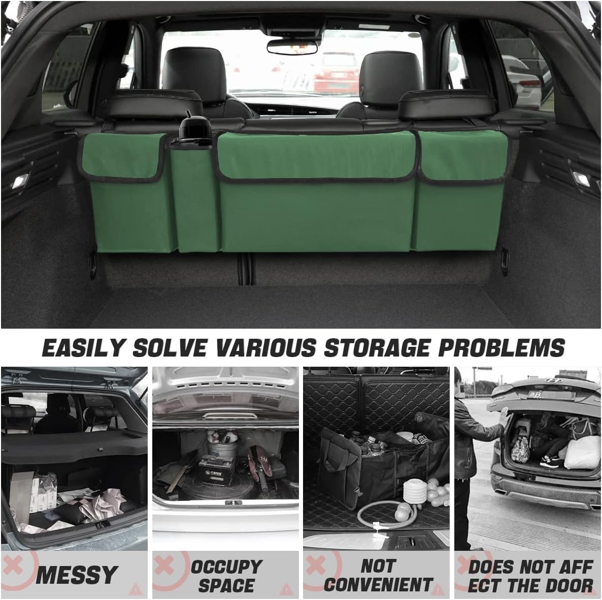 AUCELI Car Trunk Organizer, Backseat Hanging Large Storage with Adjustable Straps, Waterproof Collapsible Cargo Bag with 4 Pockets, Sturdy Space Saver Frees Trunk Floor for SUV, Truck, MPV