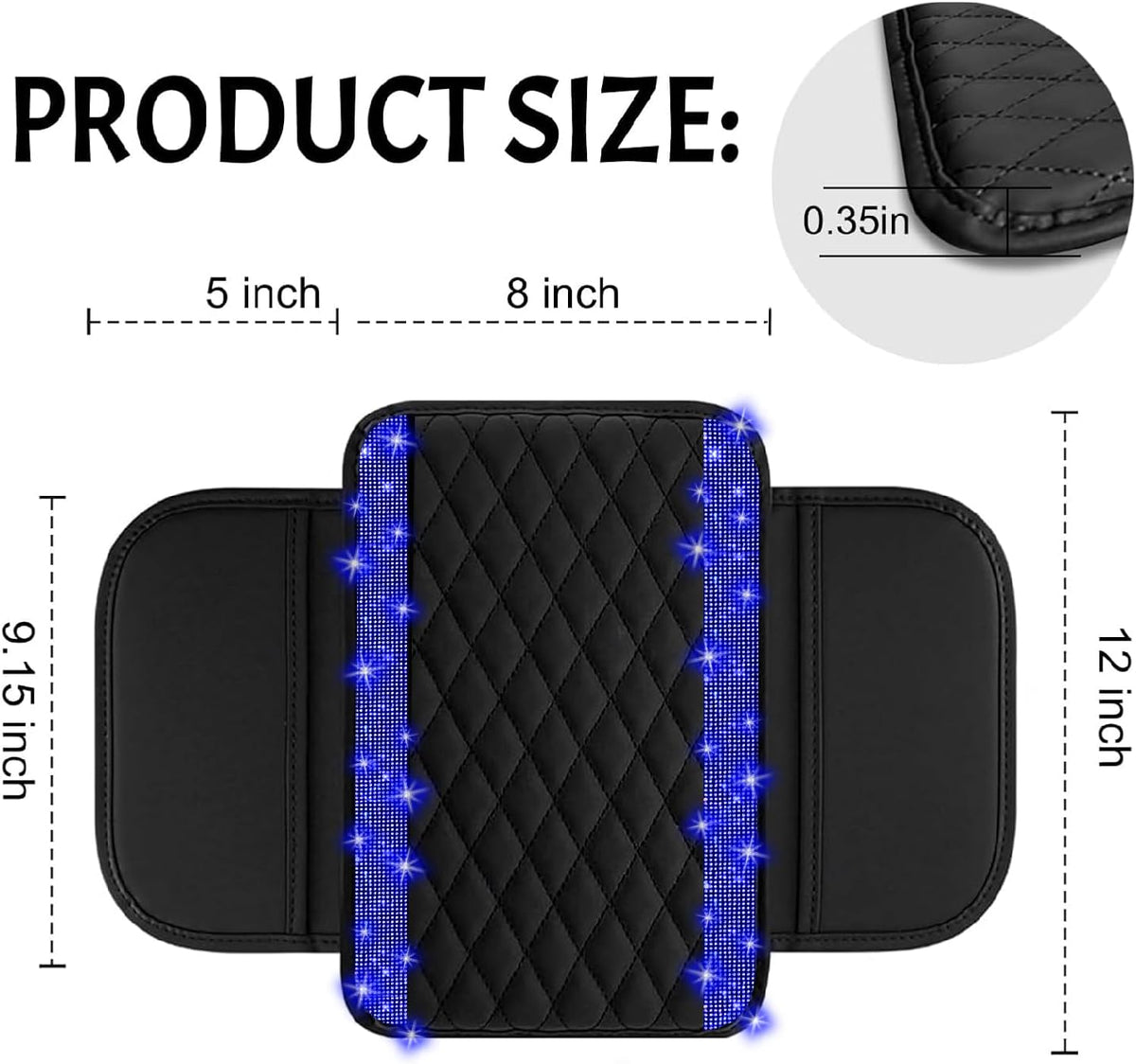NBTEPEM Bling Car Center Console Cover, Leather Car Arm Rest Cover Cushion with 2 Storage Bags, Middle Console Cover Universal Armrest Protector Pads, Bling Accessories for Most Vehicles (Blue)