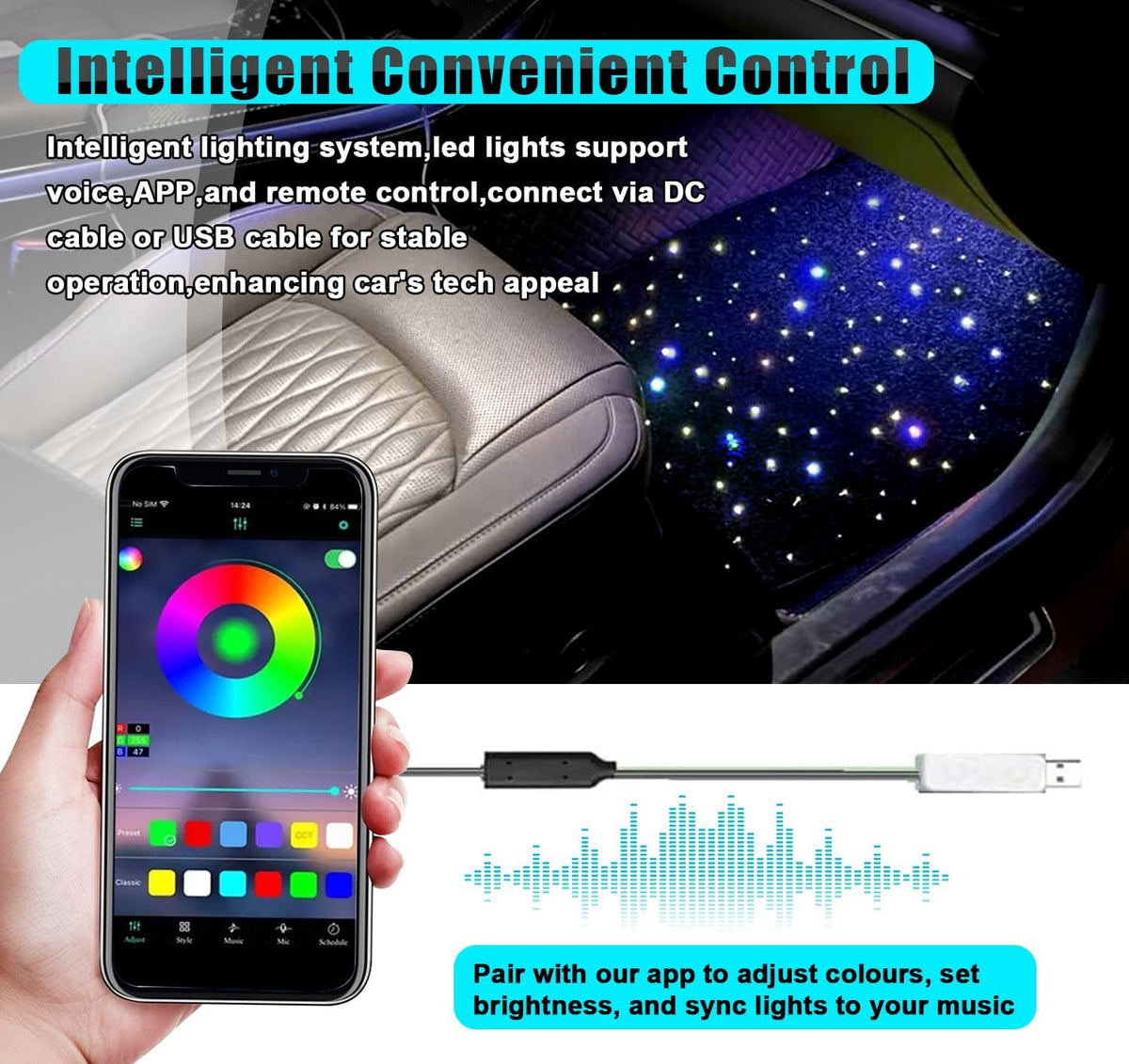 Starlight Floor Mats for Car, LED Car Mats, Starry Sky Design Luminous Carpet, Universal Fit Anti-Slip Waterproof Starlight Mats for Cars, SUVs, Trucks (Car Charger)
