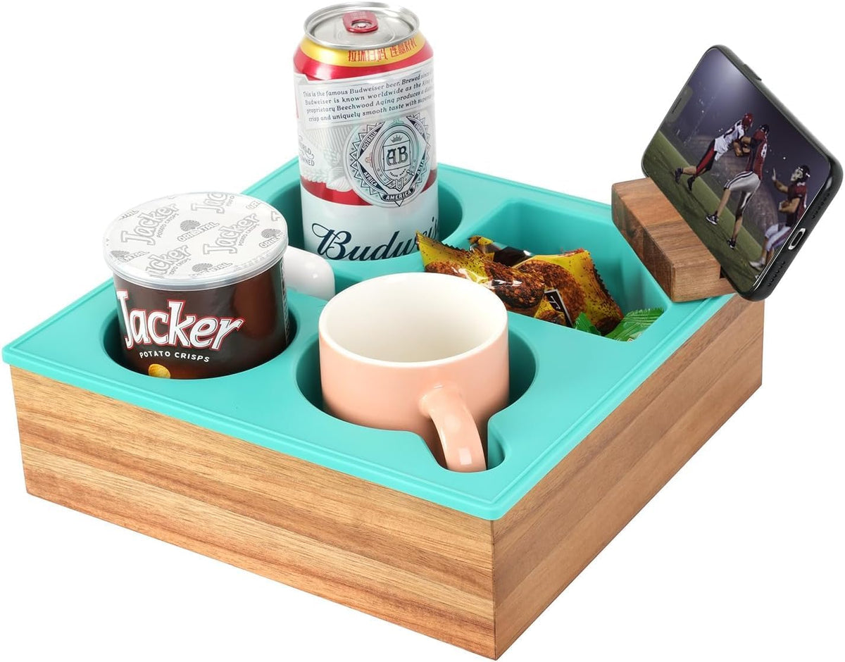 Couch Cup Holder Tray, Handy Soft Silicone Acacia Wooden Couch Caddy for Bed Car Seat Beach Organizer, Waterproof Anti-Spill Sofa Cup Holder for Snacks Beverage Remote (White)