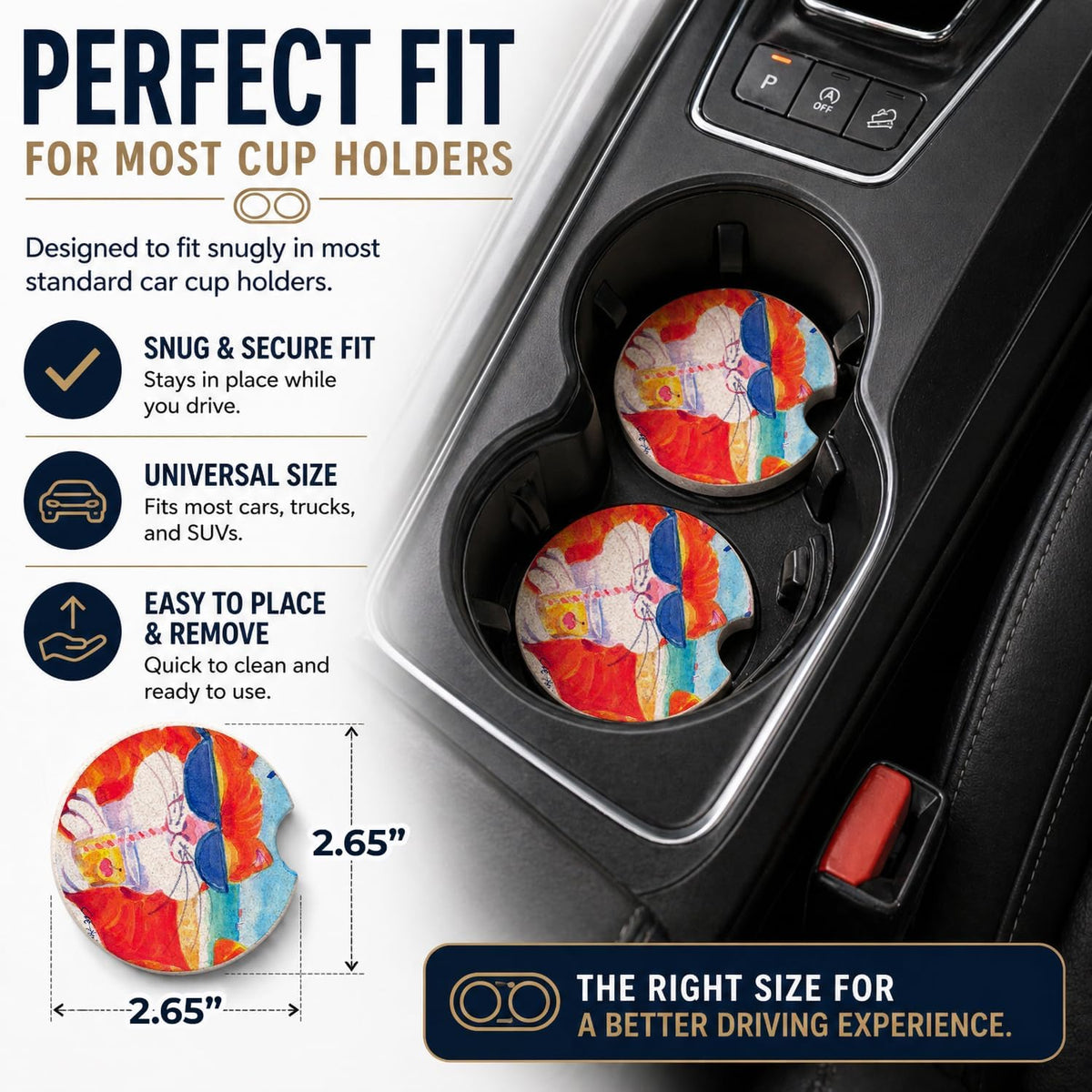 Caroline's Treasures 6118CARC Cool Cat with Sunglasses at The Beach Set of 2 Cup Holder Car Coasters Absorbent Sandstone Coasters for Car Cup Holders Gifts for Men or Women, Large, Multicolor
