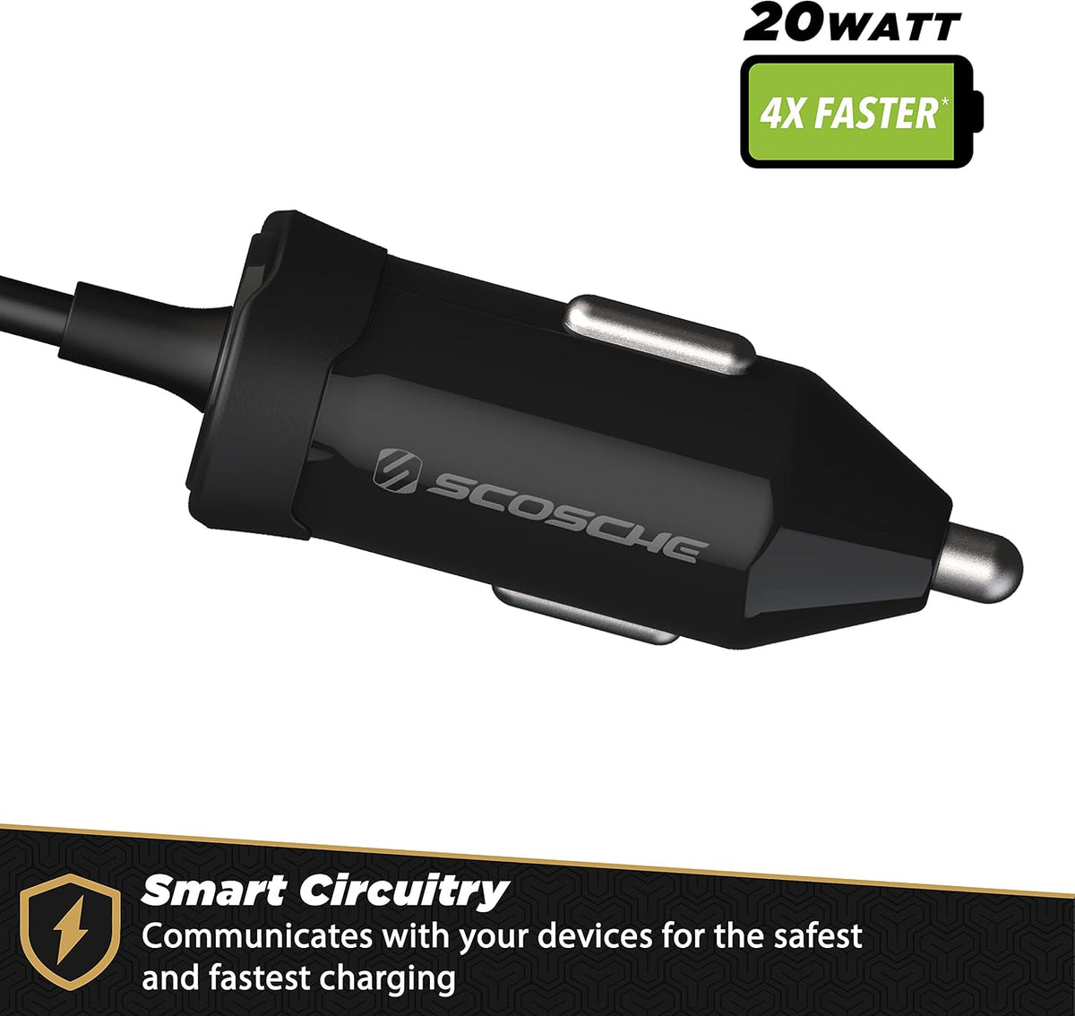 Scosche CPDC203 PowerVolt 20-Watt USB Type-C Power Delivery 3.0 Fast Car Charger with Attached 3-Foot Adjustable Coiled Cable for All USB-C Devices