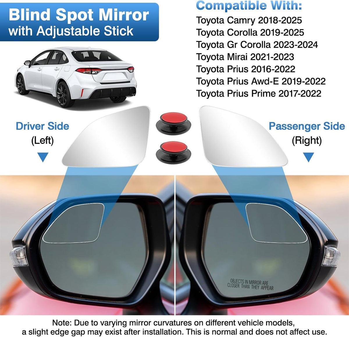 TOP-MAX Blind Spot Mirror Compatible with Toyota Camry 2018-2025 Corolla 2019-2025 Prius 2016-2022, Custom Fitted Convex Stick On Rear View Mirror for Side Mirror Extended View, 2 Pack (Left & Right)