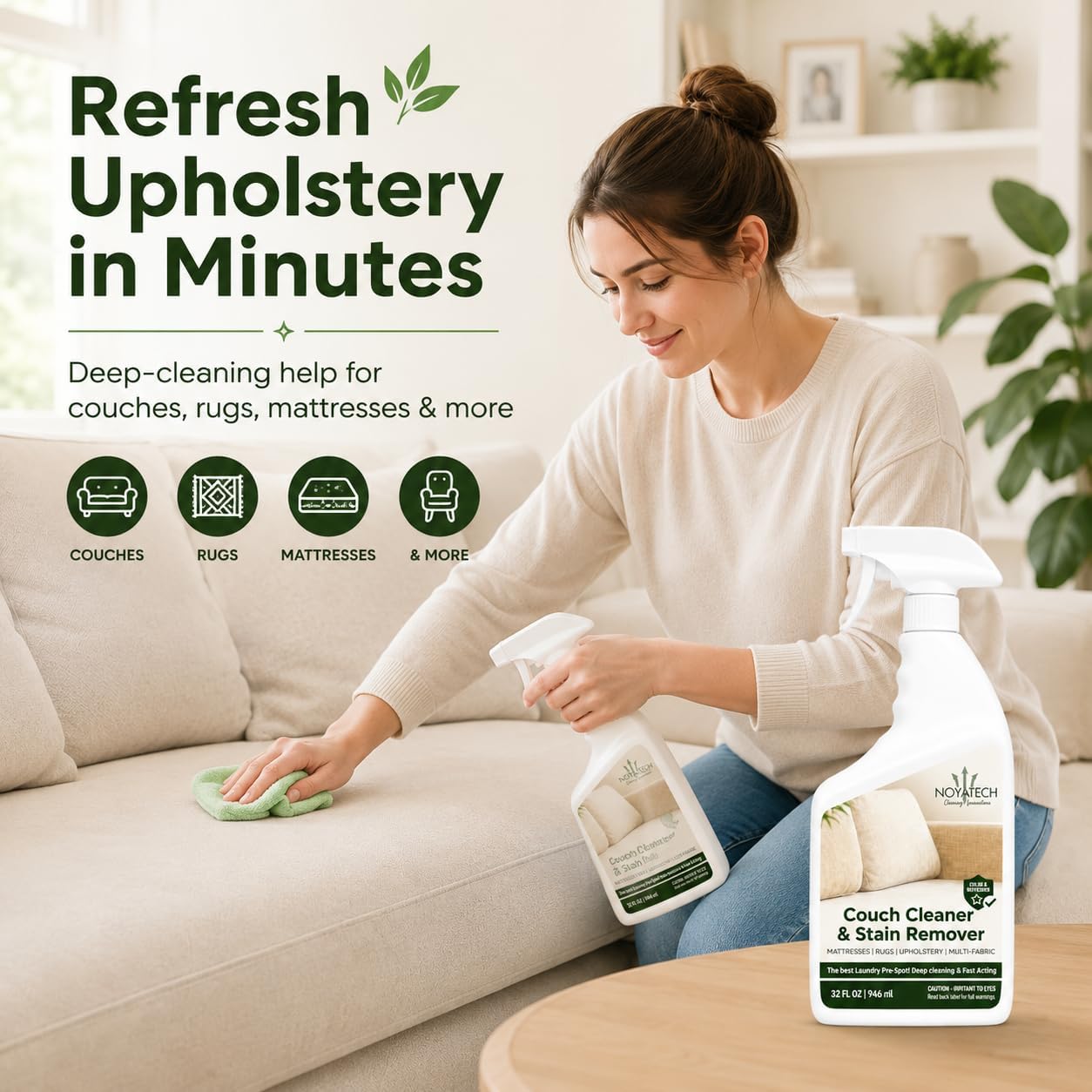NOYATECH Couch Cleaner and Stain Remover Spray - Professional Strength Non-Toxic Multi-Surface Fabric and Upholstery Cleaner for Couches, Sofas, Sectionals, Microfiber & Car Interiors, 32 oz