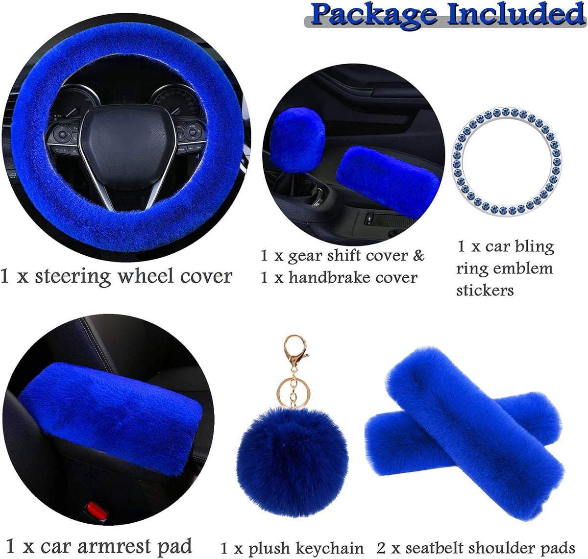 ZYNQACC 1 Set 8 Pieces Fluffy Steering Wheel Cover Set,Warm Soft Fuzzy Steering Wheel Covers for Women/Girls,Universal 15 Inches Girls Car Accessories (Royal Blue)