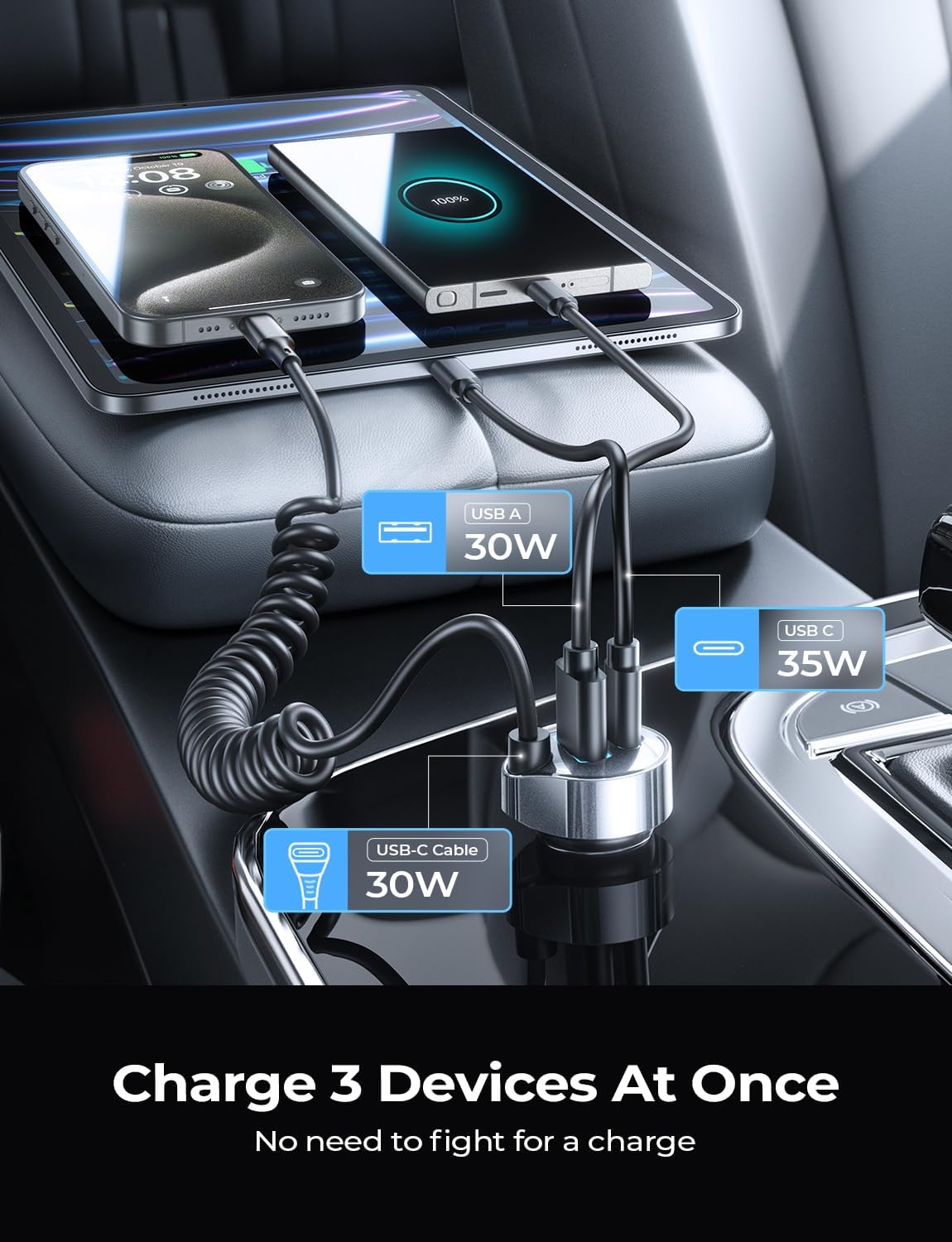 LISEN 65W for iPhone 17 Pro Max Car Charger USB C Fast Charging,Super Fast iPhone 16/17 Pro Car Charger Type C Adapter Fit iPhone 17 Air ProMax Plus/16/15, Samsung Galaxy S25/24,Sliver, 36 inch