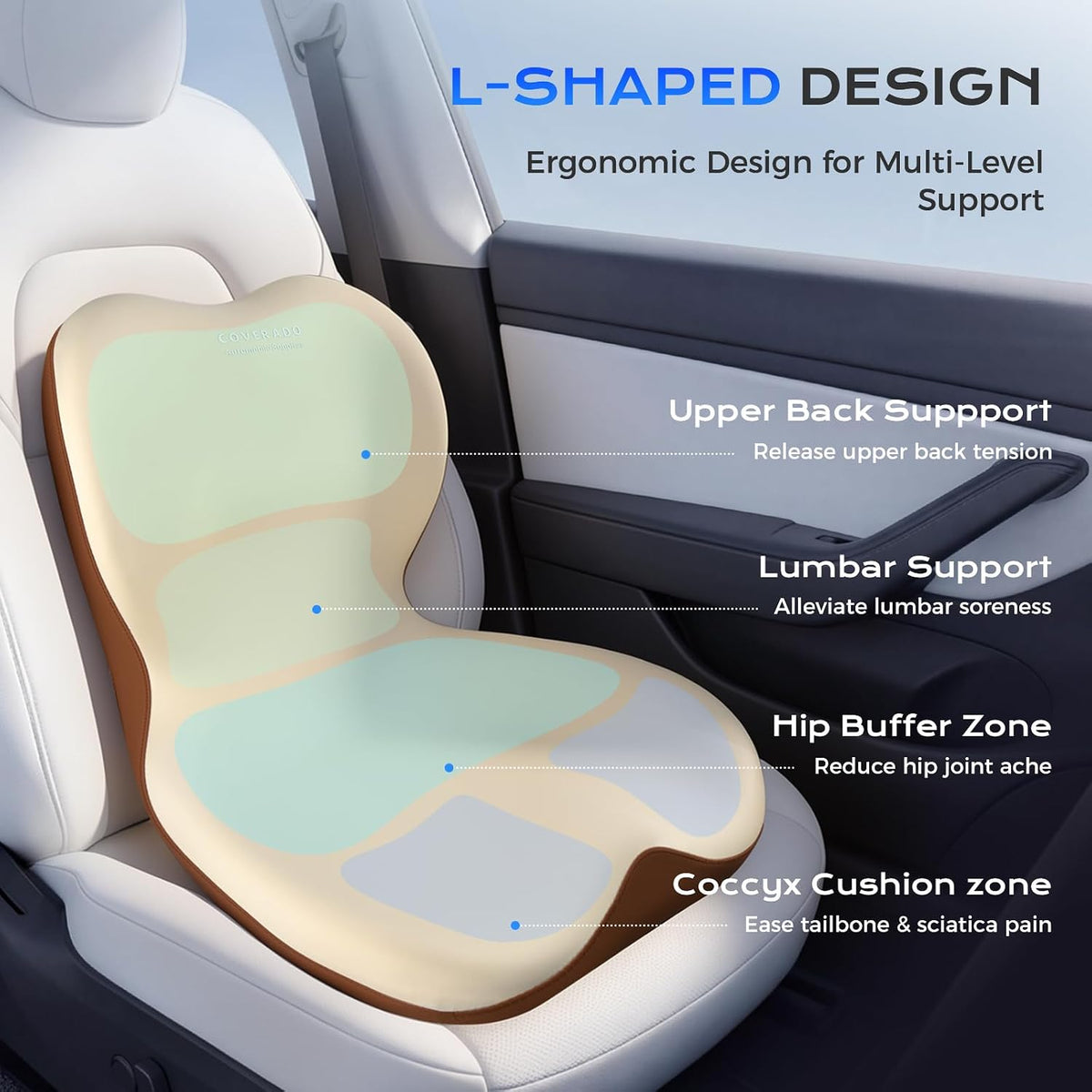Coverado Car Seat Cushion and Lumbar Support Pillow One Piece, Memory Foam Ergonomic Back Support Driving Seat Cushion for Back Pain, Non-Slip Washable Cushion for Car, Driver, Office