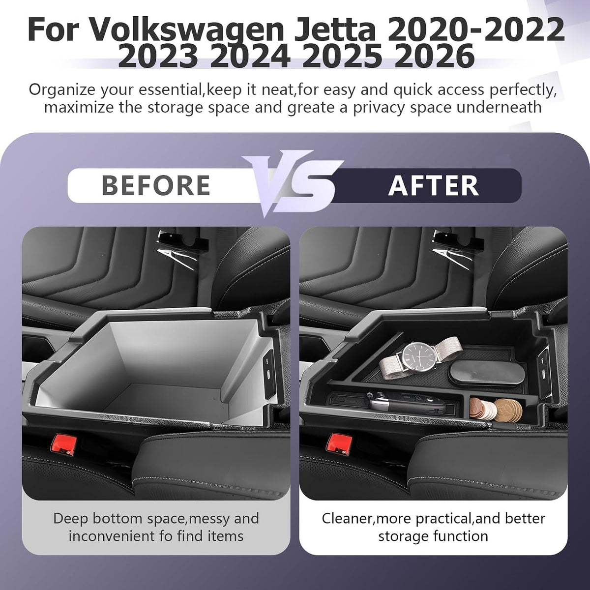 LUWU Center Console Organizer Compatible with 2020-2025 2026 2027 V olkswagen Jetta S/SE/SEL/Sport Accessories Armrest Console Secondary Storage Box Insert Tray ABS Material Black