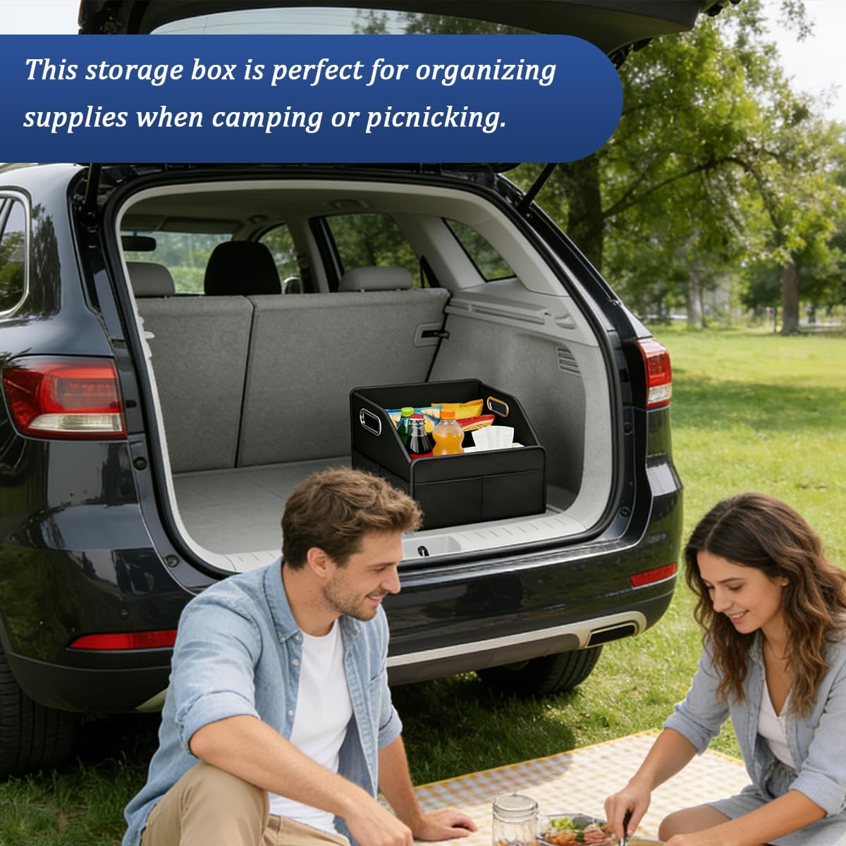 HZEL Car Seat Organizer, Foldable Multifunctional Vehicle Front and Back Seat Floor Storage Box with Metal Handle, Collapsible Automotive Interior Caddy Organizer, Universal for SUV Van Truck