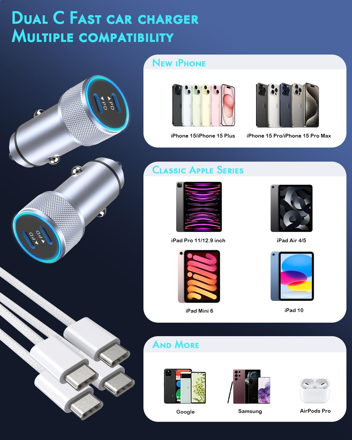 iPhone 17 Car Charger,2Pack Dual Port USB C Fast Car Charger Type C Rapid Charging Adapter with 2Pack USB C to C Nylon Braid Cable Woven Cord Fast Charging for iPhone 17/17 Pro/16/16 Pro Max/iPad