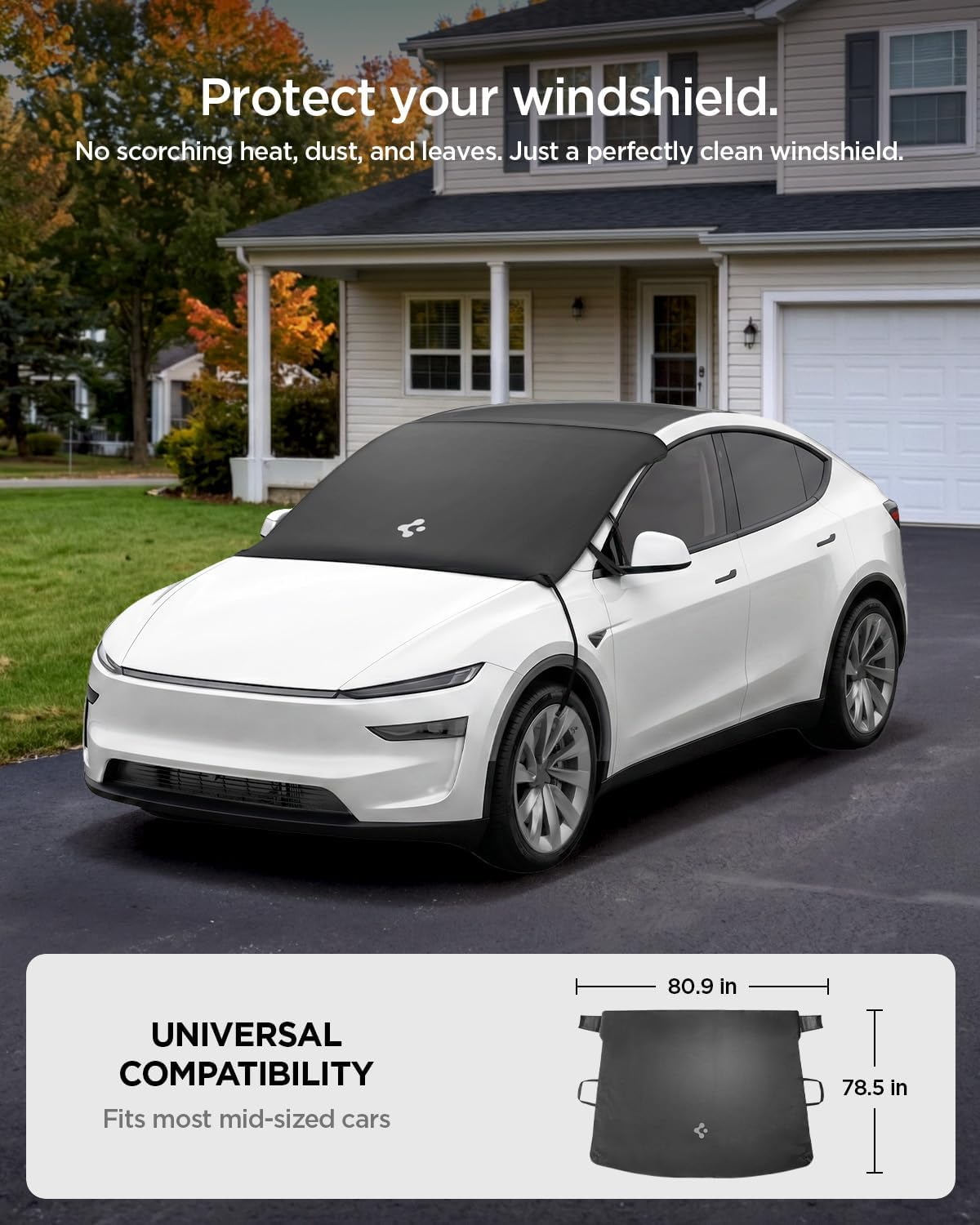 Spigen Magnetic Windshield Protector Cover for Cars – Shields Leaves, Pollen, Sap with Full Windshield Coverage, Waterproof Foldable Summer Sun Visor, Fits Tesla Model Y Juniper & 3 Highland