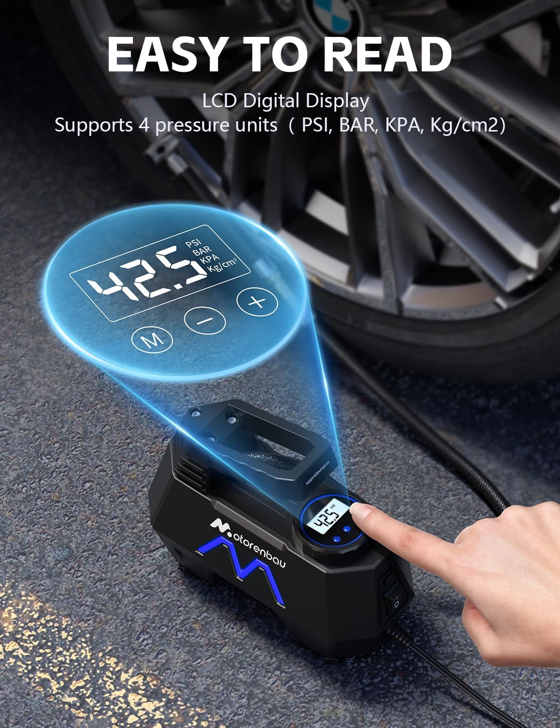 Tire Inflator Portable Air Compressor, 150PSI Tire Air Pump for Car Tires, Car Accessories, Auto Pump 12V DC with Digital Pressure Gauge and LED Light for Motorcycle, Bicycle, Ball-Blue