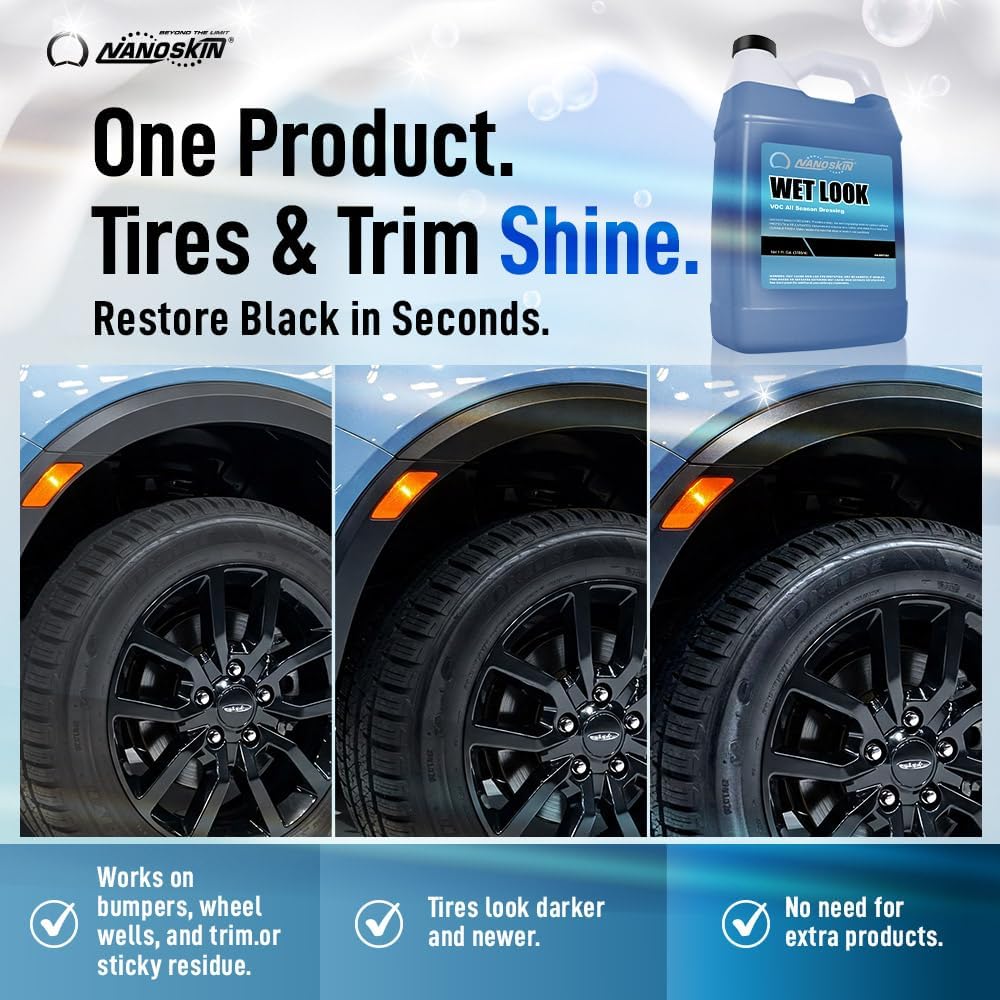 Nanoskin WET LOOK All Season Dressing 1 Gallon - Exterior Rubber & Plastic Solvent Based Dressing for Car Detailing | Produces a Deep, Rich, Long lasting shine | Safe For Cars Trucks, Motorcycles, RVs