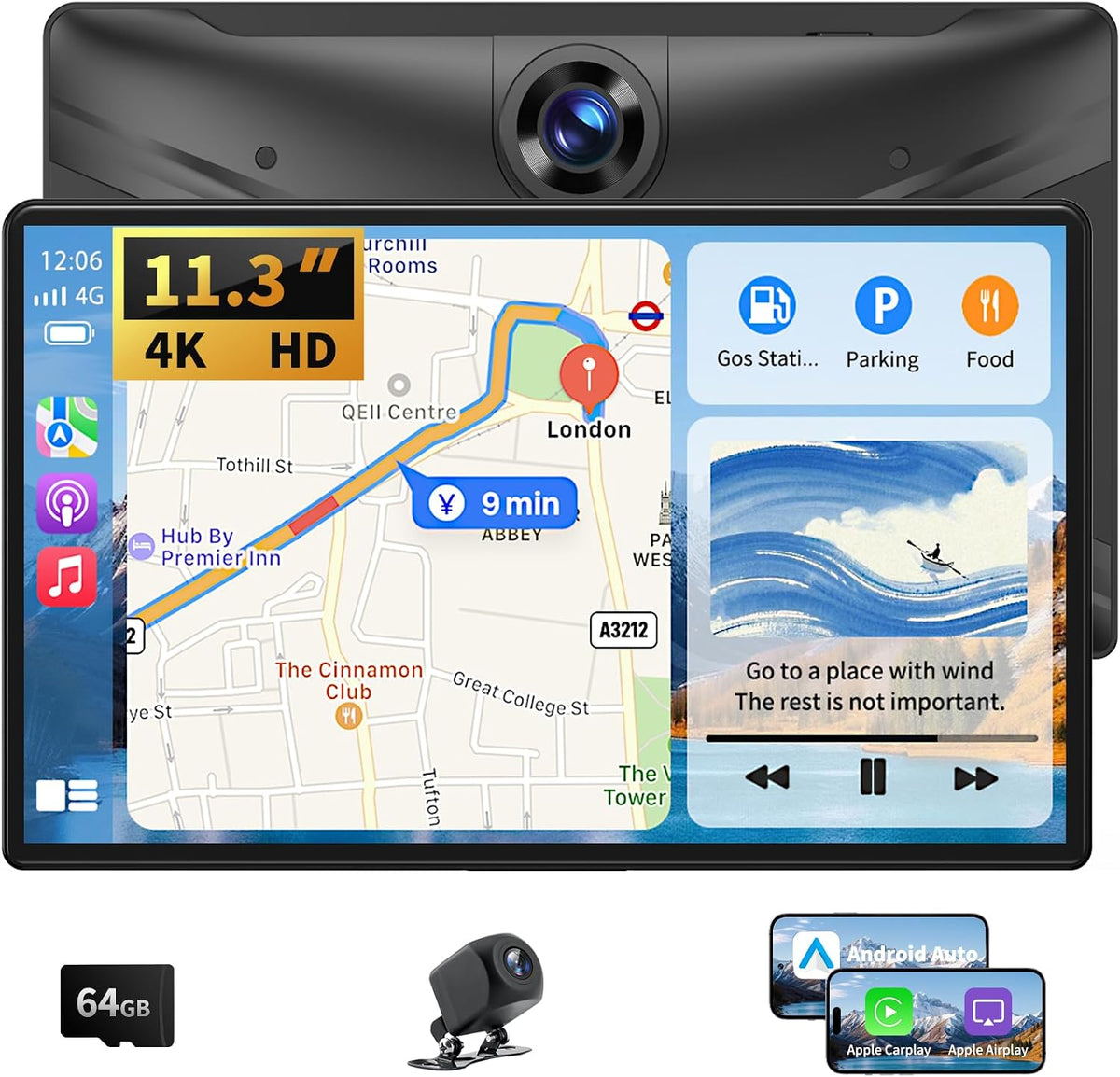 Portable Apple Carplay Screen for Car, 11.3" Extra Large Wireless Car Play & Android Auto Screen for Car, Car Stereo with 4K Dash Cam, App View, Backup Camera,GPS,Mirror Link,FM, Voice Control