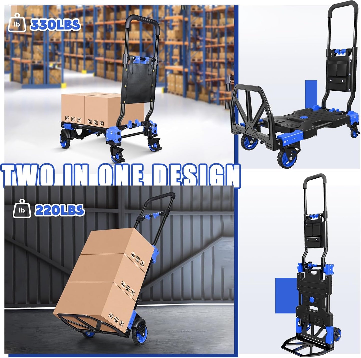 Folding Hand Truck, 2 in 1 Portable Heavy Duty Carrying Moving Dolly Cart with 4 Foldable Wheels and Retractable Handle Duty 330lbs (Blue with Folding Basket)
