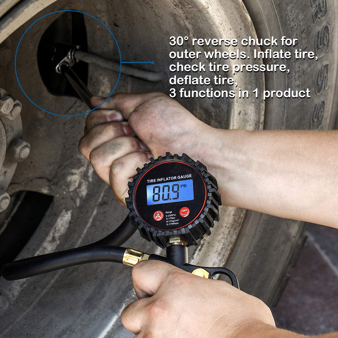 CZC AUTO Digital Tire Inflator Pressure Gauge, LED Display, Dual Head Chuck