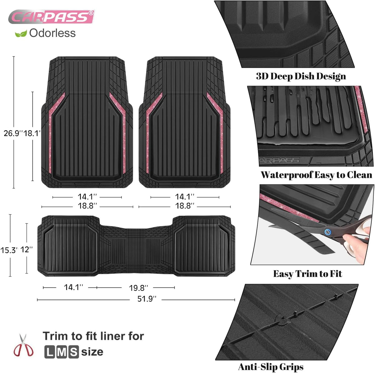 CAR PASS Pink Heavy Duty Rubber Floor Mats for Car, Waterproof Liner Deep Dish Bling Car Mats Full Sets, Universal Trim to Fit for SUV Truck Sedans Vans, All Weather Floor Mats, Pink Sparkly