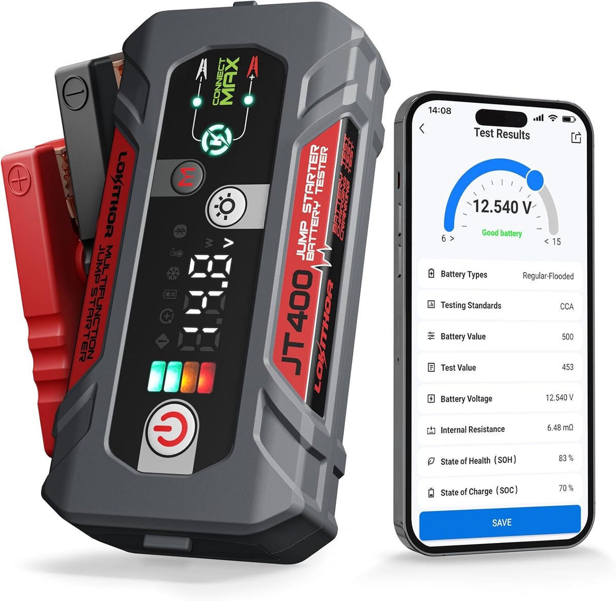LOKITHOR JT400 2500A Portable Jump Starter with 100–2000 CCA Battery Tester, 12V Car Battery Jump Starter for Up to 8.5L Gas or 6.5L Diesel Engines, Smart Bluetooth Automotive Battery Load Tester